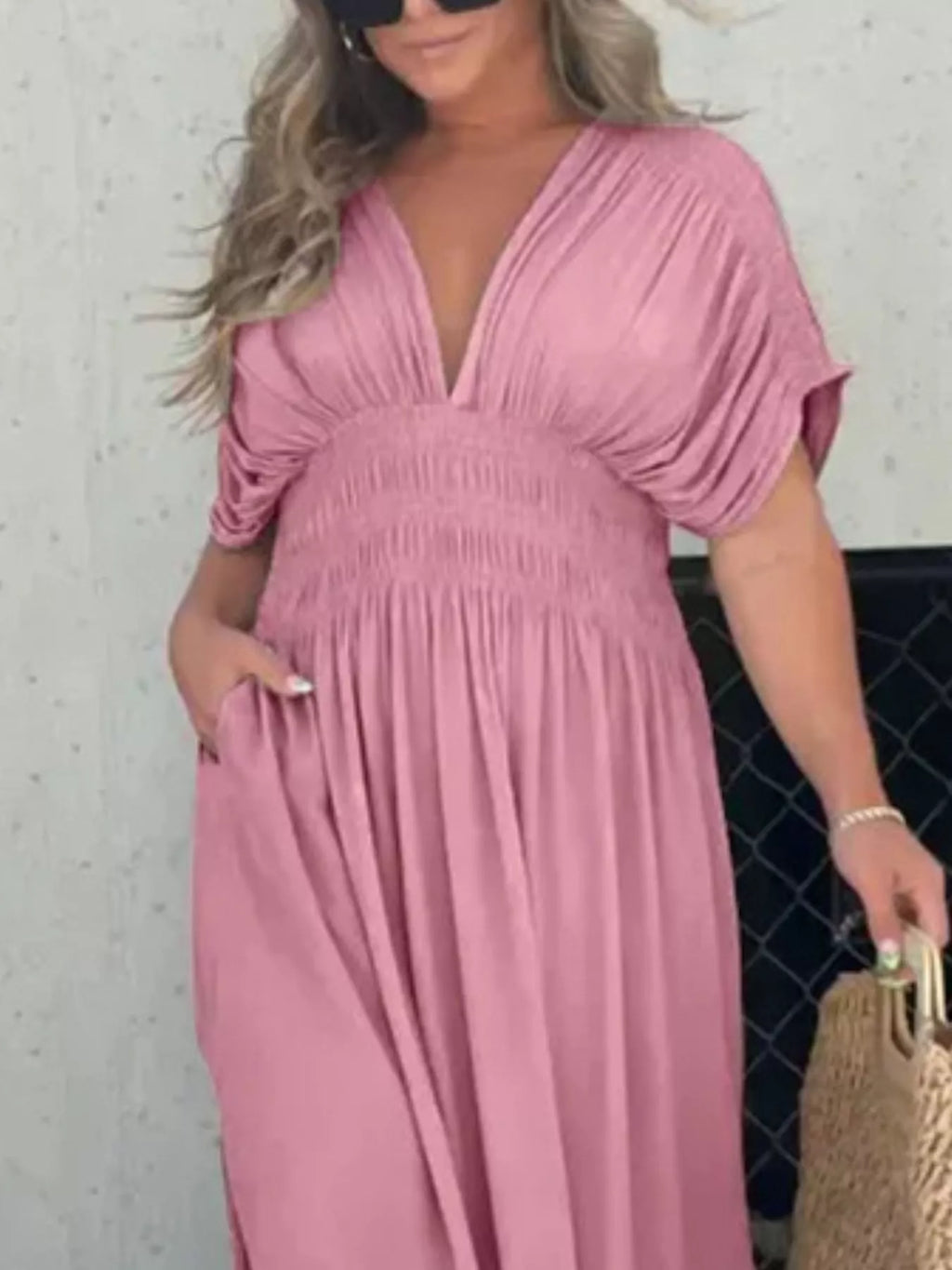 Full Size Slit V-Neck Smocked Waist Maxi Dress Plus Size - Girly Tea