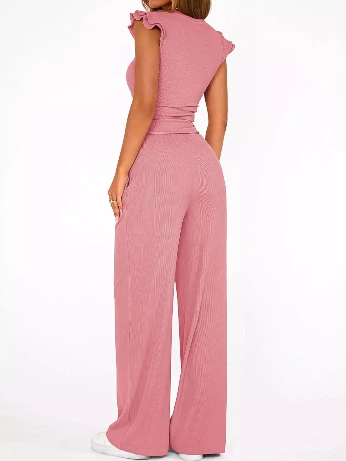 Ruffled Mock Neck Top and Wide Leg Pants Set - Girly Tea