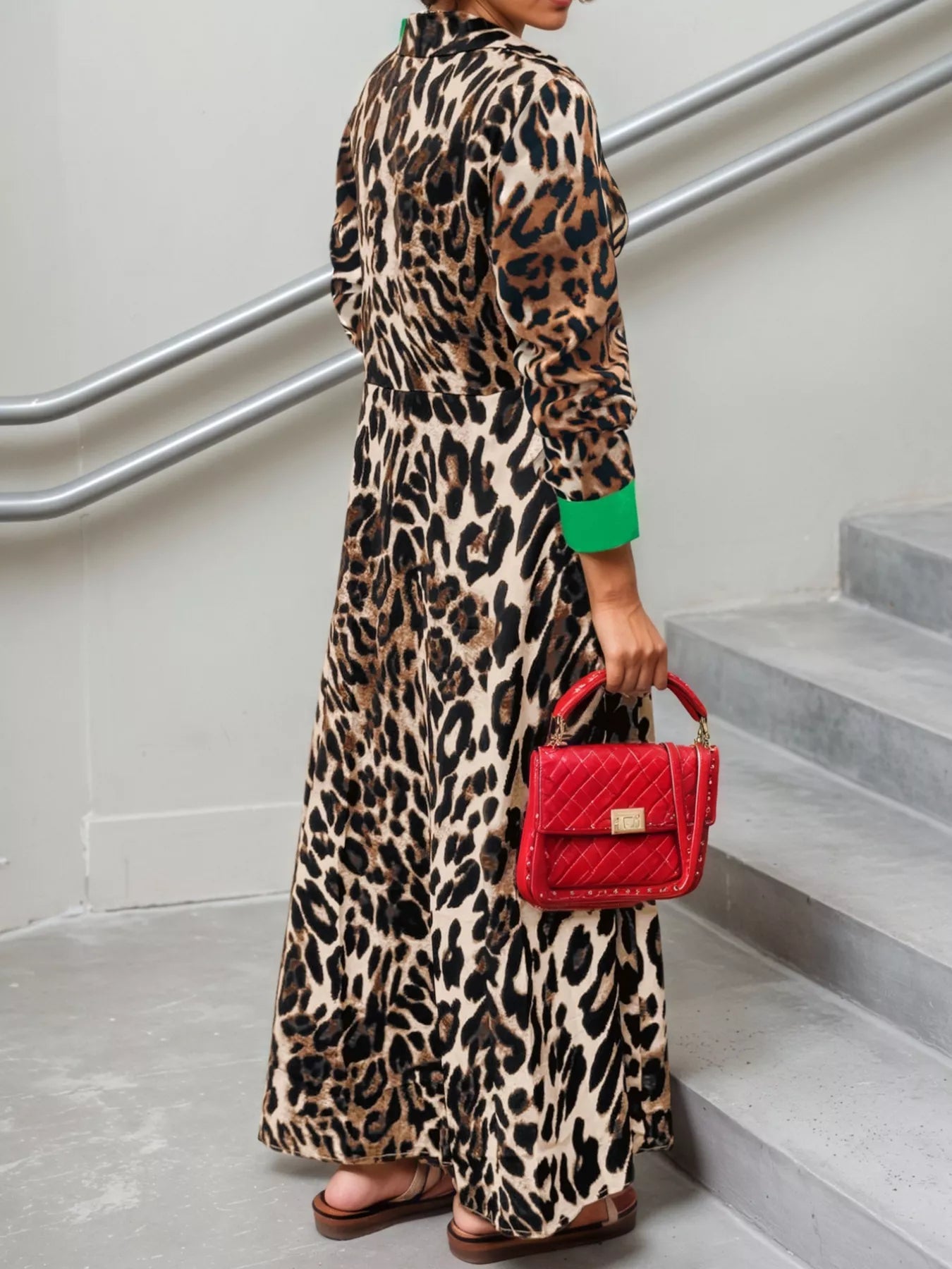 Leopard Print Long Sleeve Shirt Dress with Contrast Trim - Girly Tea