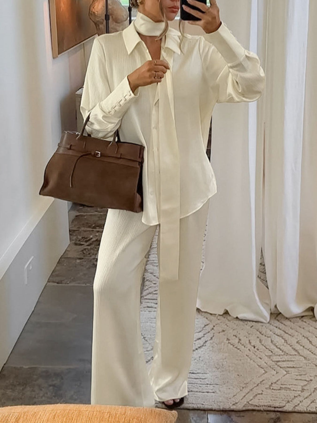 Texture Shirt and Wide-Leg Pants Set - Girly Tea