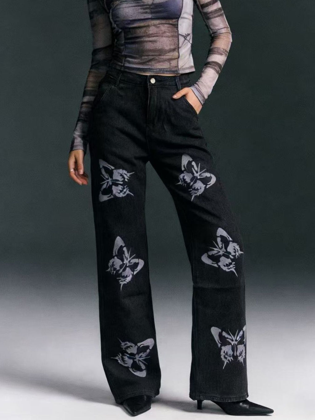 Butterfly Print High-Waisted Wide Leg Jeans - Girly Tea