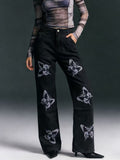 Butterfly Print High-Waisted Wide Leg Jeans - Girly Tea