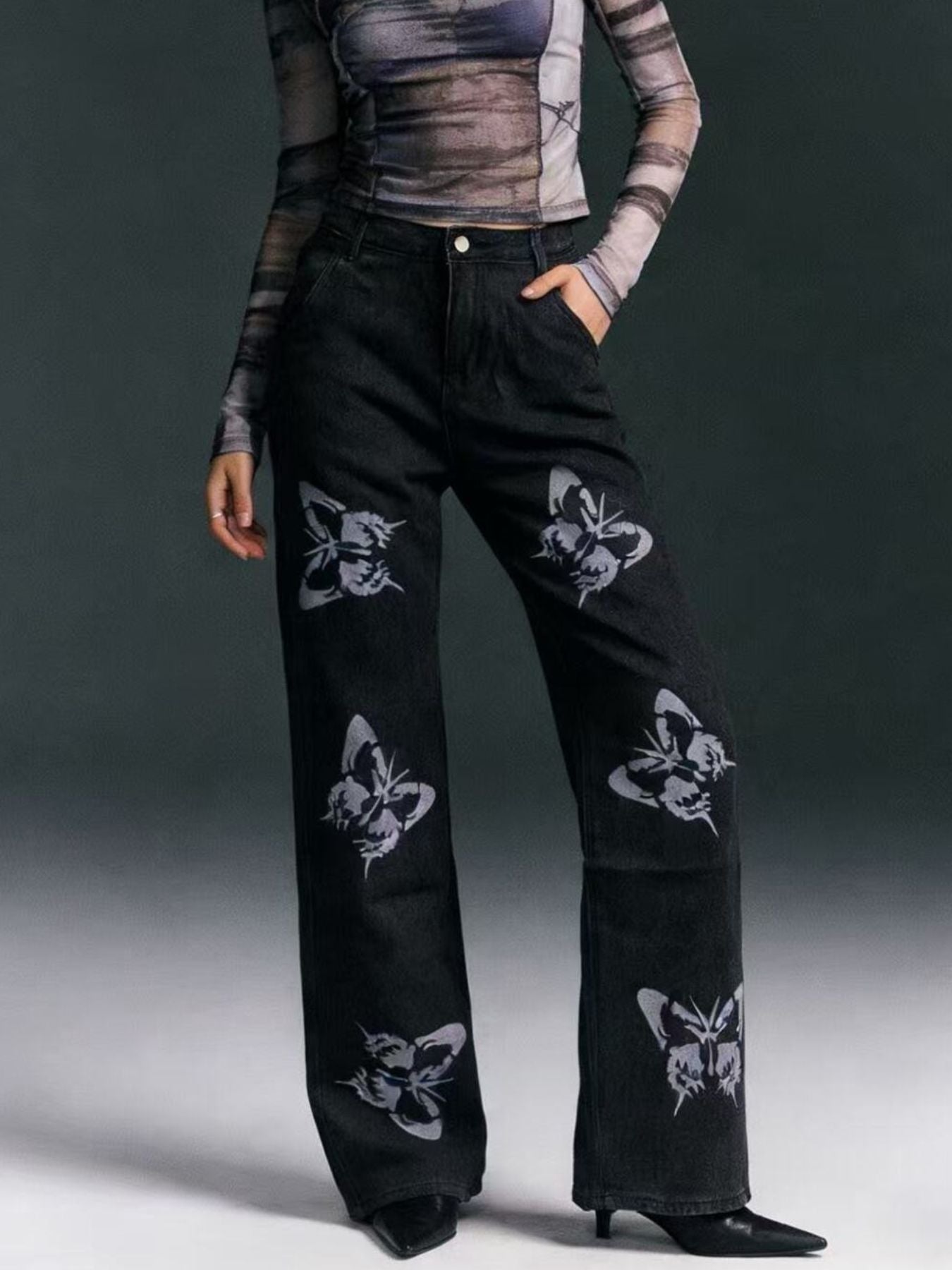 Butterfly Print High-Waisted Wide Leg Jeans - Girly Tea