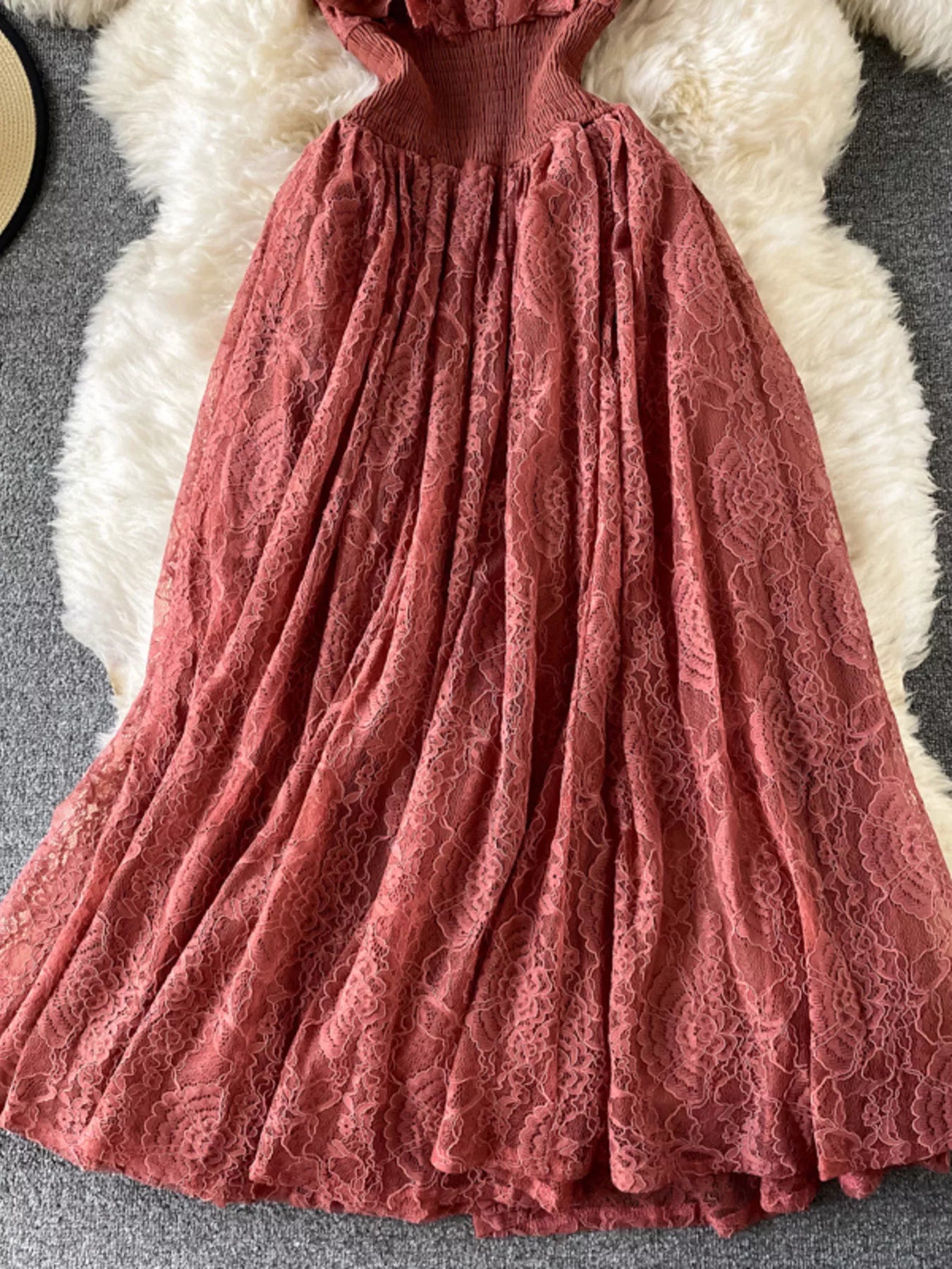 Ruffled Mock Neck Lace Maxi Dress - Girly Tea