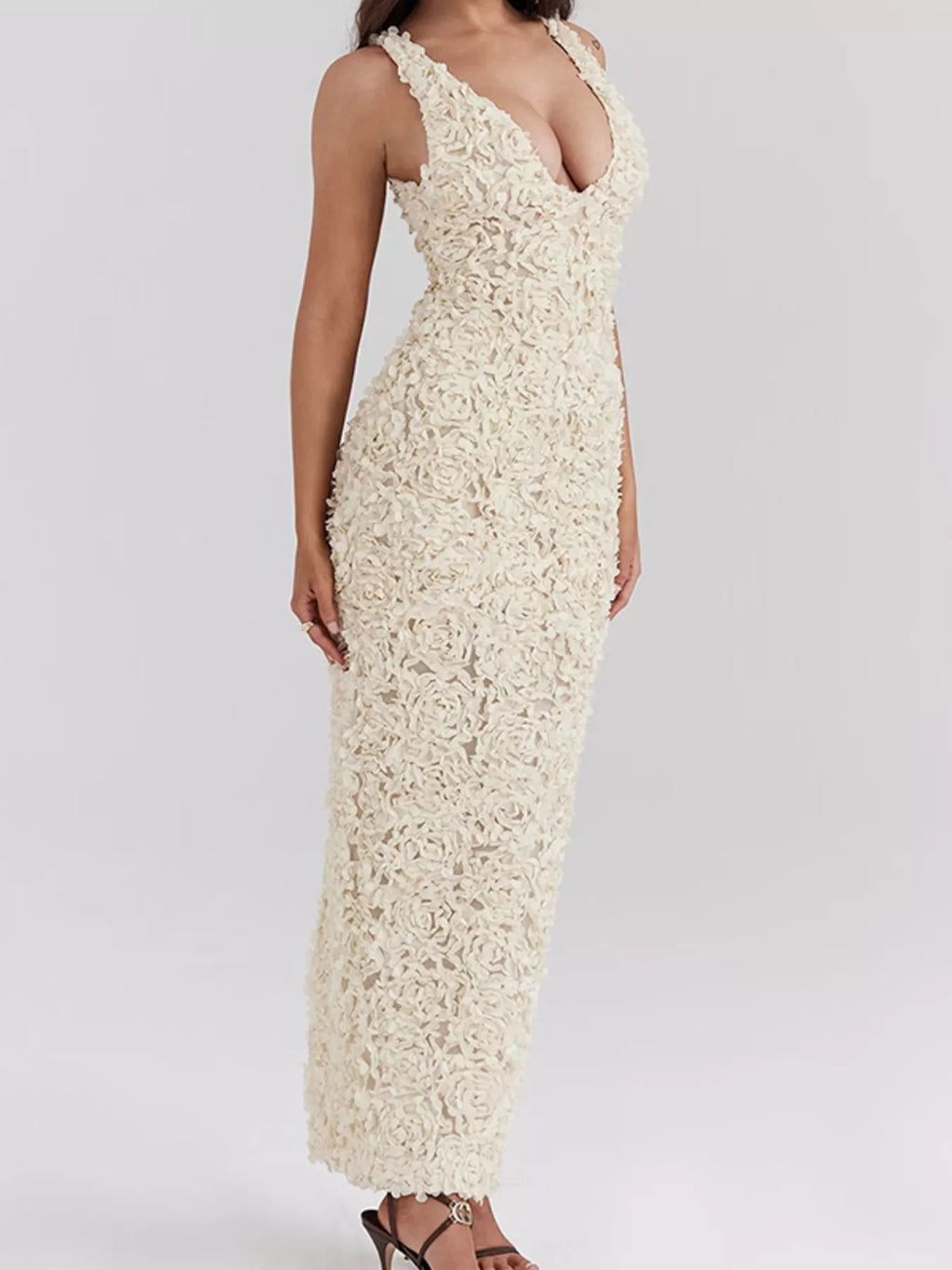 Floral Applique Deep V-Neck Maxi Dress - Girly Tea