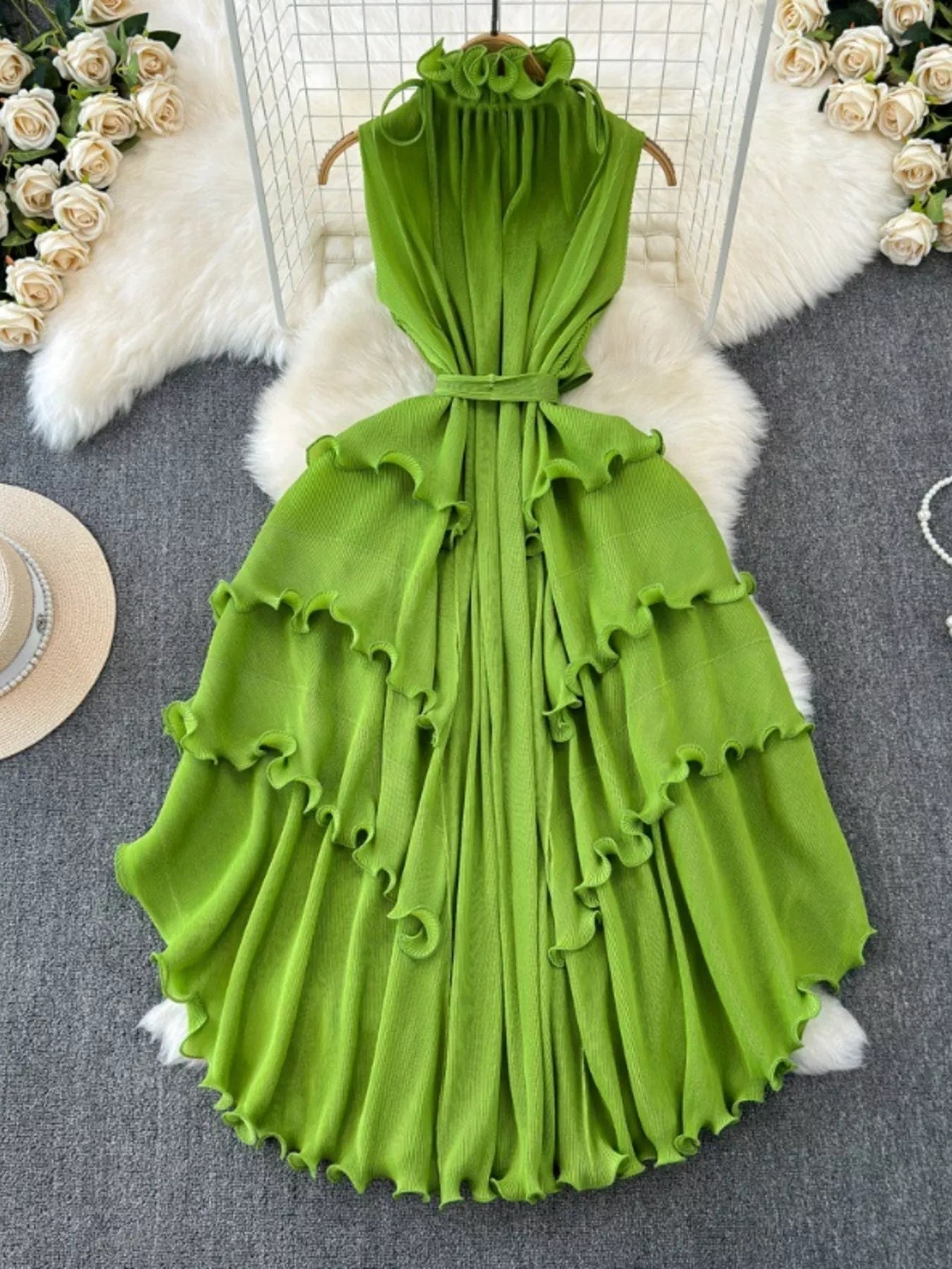 Ruffled Tiered Sleeveless Midi Dress - Girly Tea