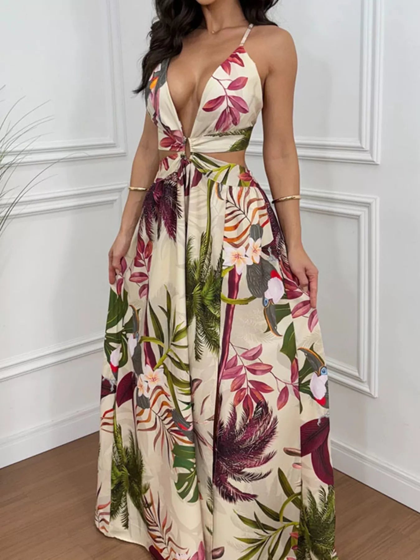 Tropical Print Plunge Cutout Slit Maxi Dress - Girly Tea