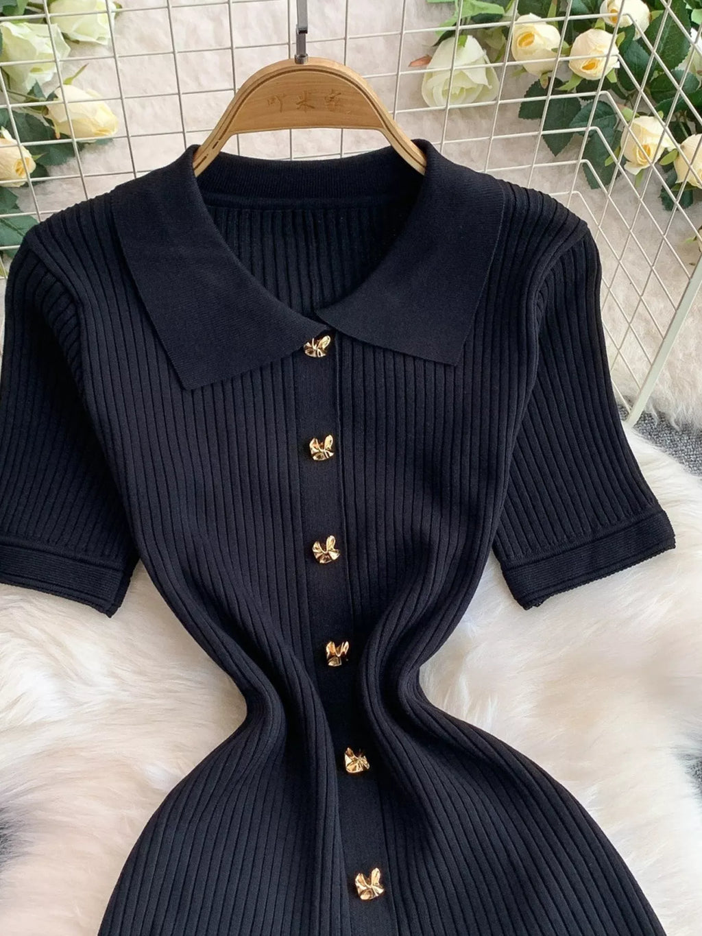 Button Front Ribbed Knit Midi Dress - Girly Tea