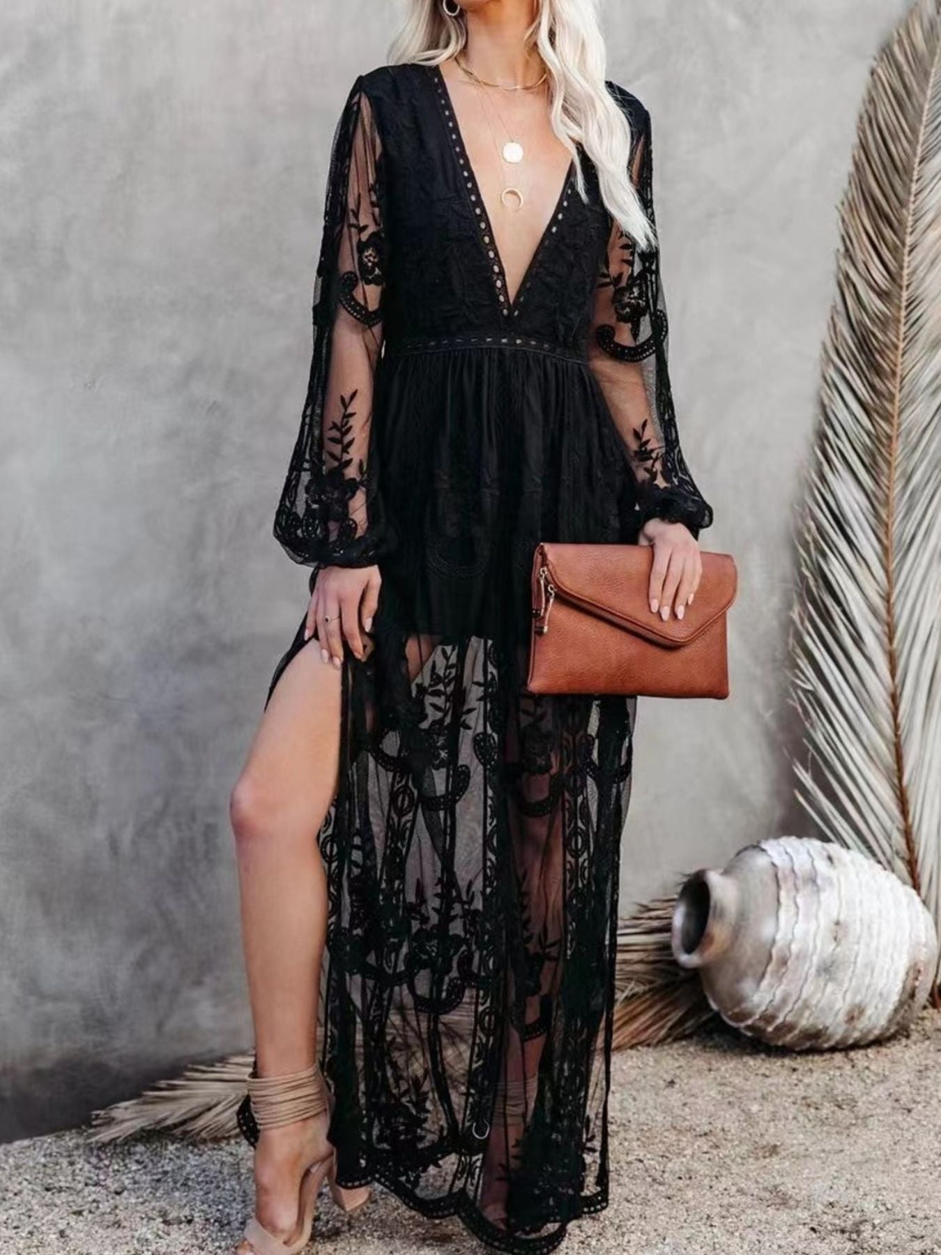 Floral Lace Slit Maxi Dress - Girly Tea