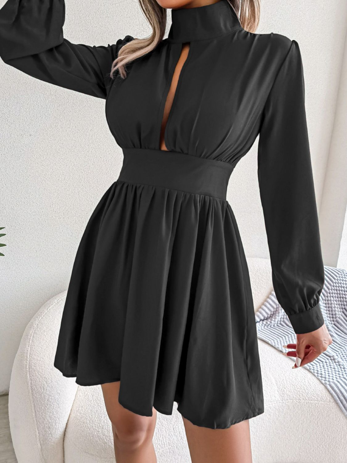 Cutout Turtleneck A-Line Mini Dress - Girly Tea