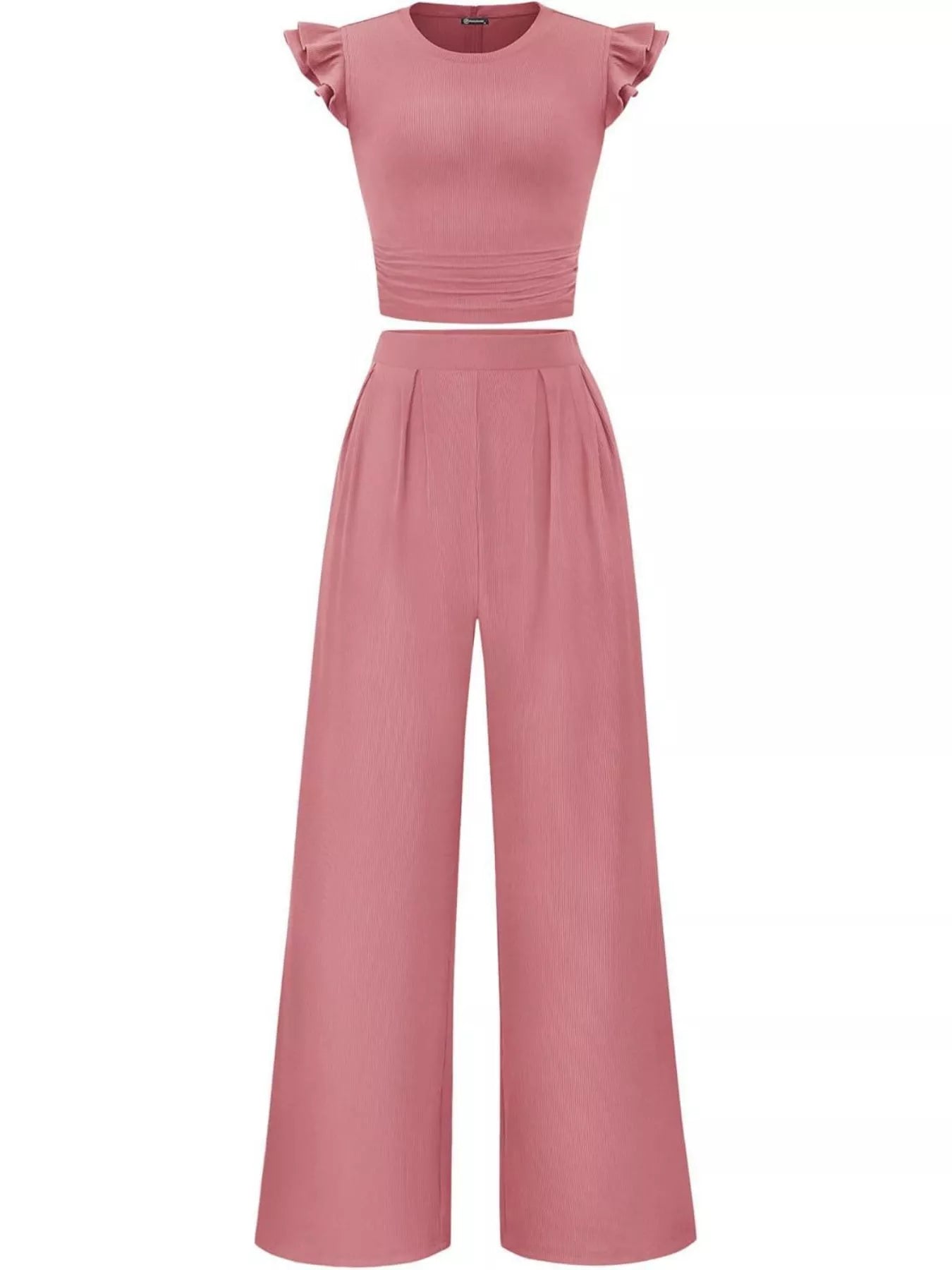Ruffled Mock Neck Top and Wide Leg Pants Set - Girly Tea