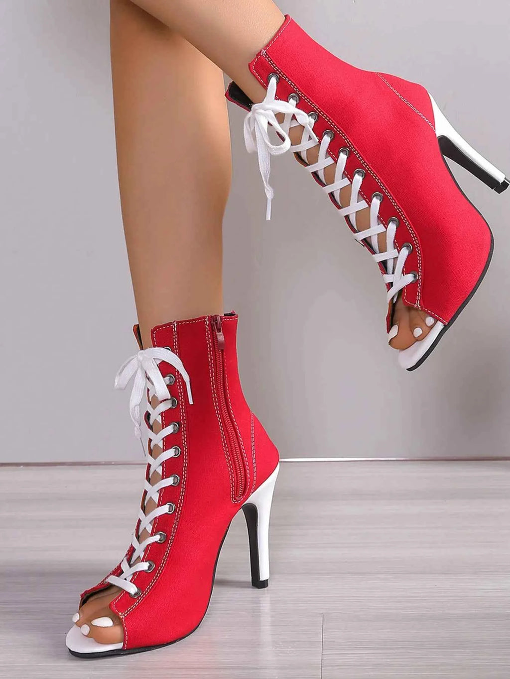 Canvas Lace-Up Peep Toe Stiletto Ankle Boots