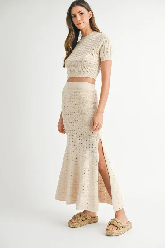 MABLE Pointelle Short Sleeve Crop Top and Slit Skirt Sweater Set - Girly Tea