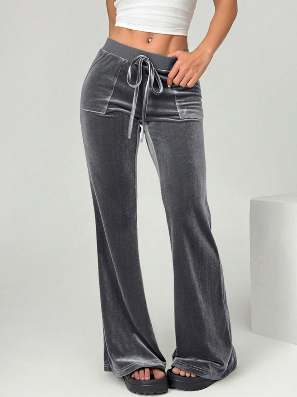 Velvet Flare Pants with Drawstring - Girly Tea
