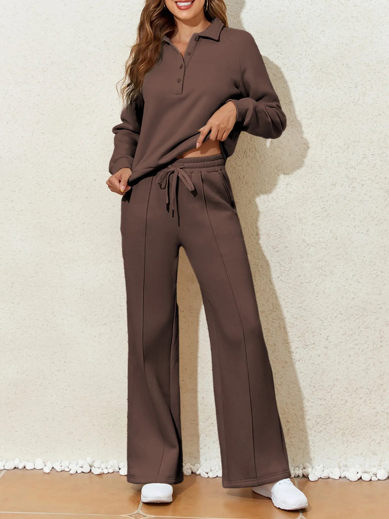 Collared Sweatshirt and High Waist Pants Active Set - Girly Tea