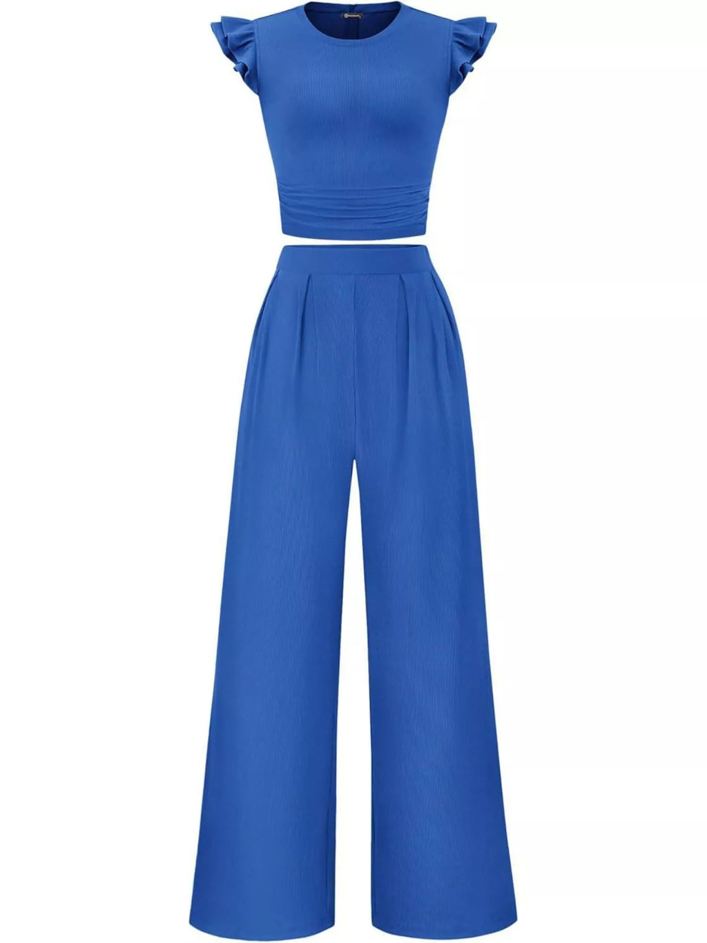 Ruffled Mock Neck Top and Wide Leg Pants Set - Girly Tea