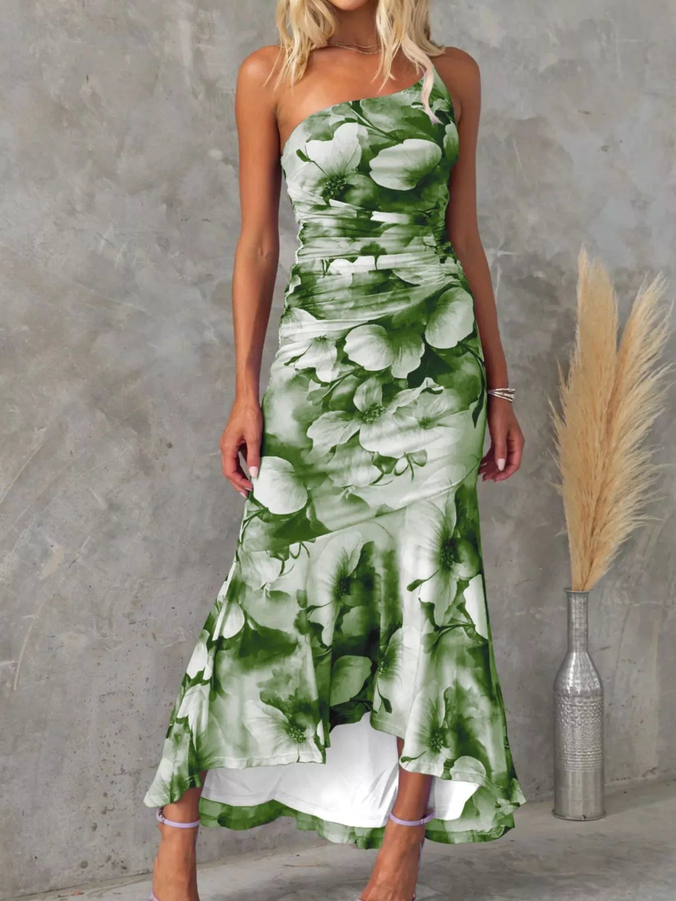 Floral Print One-Shoulder Ruched Maxi Dress - Girly Tea