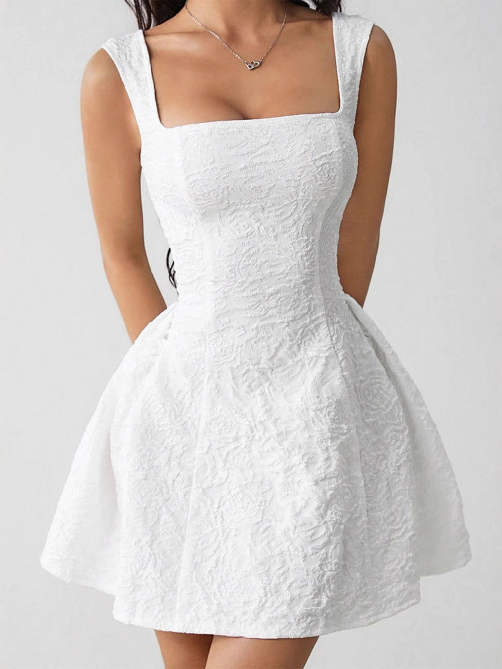 Textured Square Neck Mini Dress - Girly Tea
