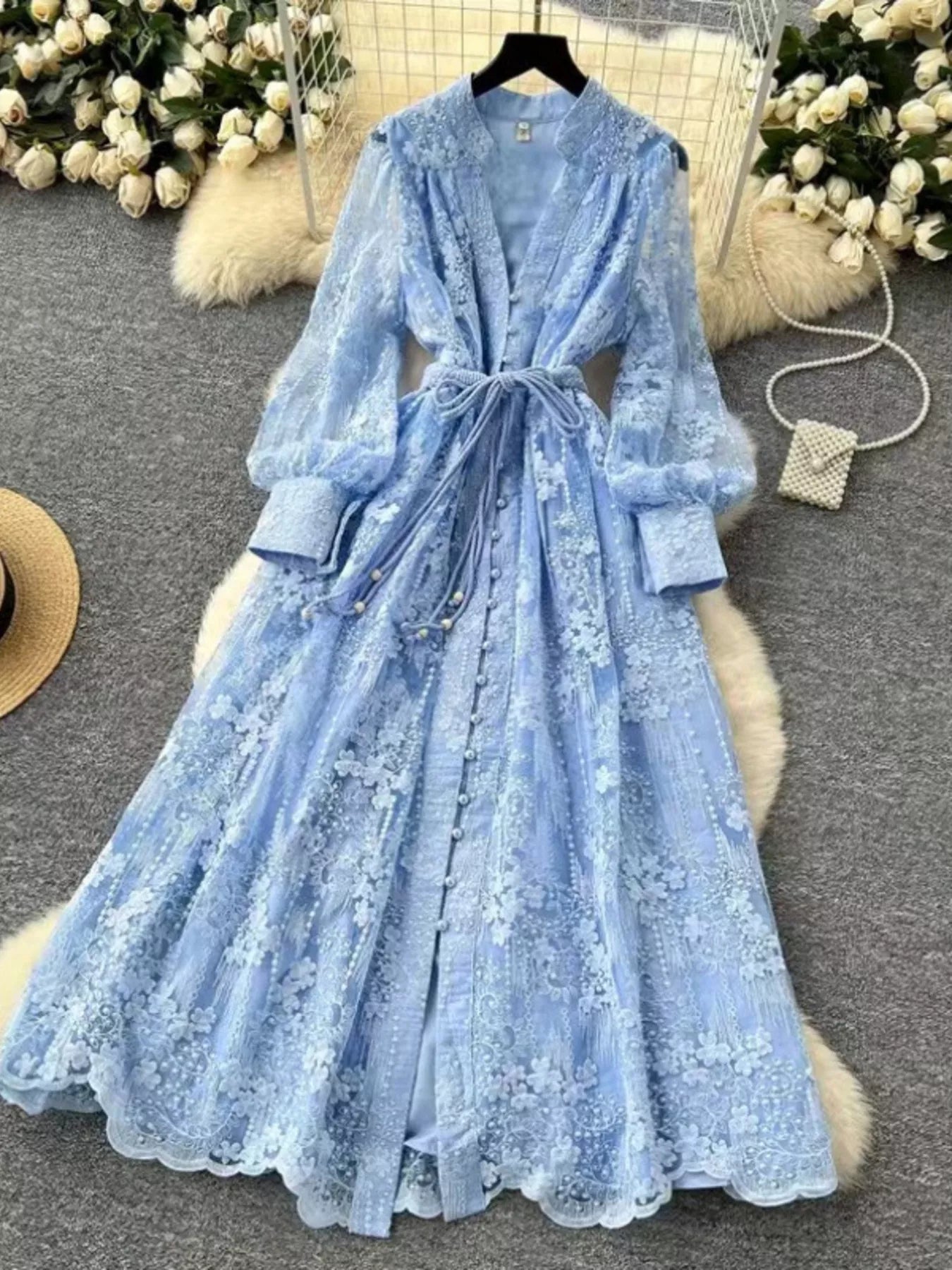Lace Tie Waist Long Sleeve Dress - Girly Tea