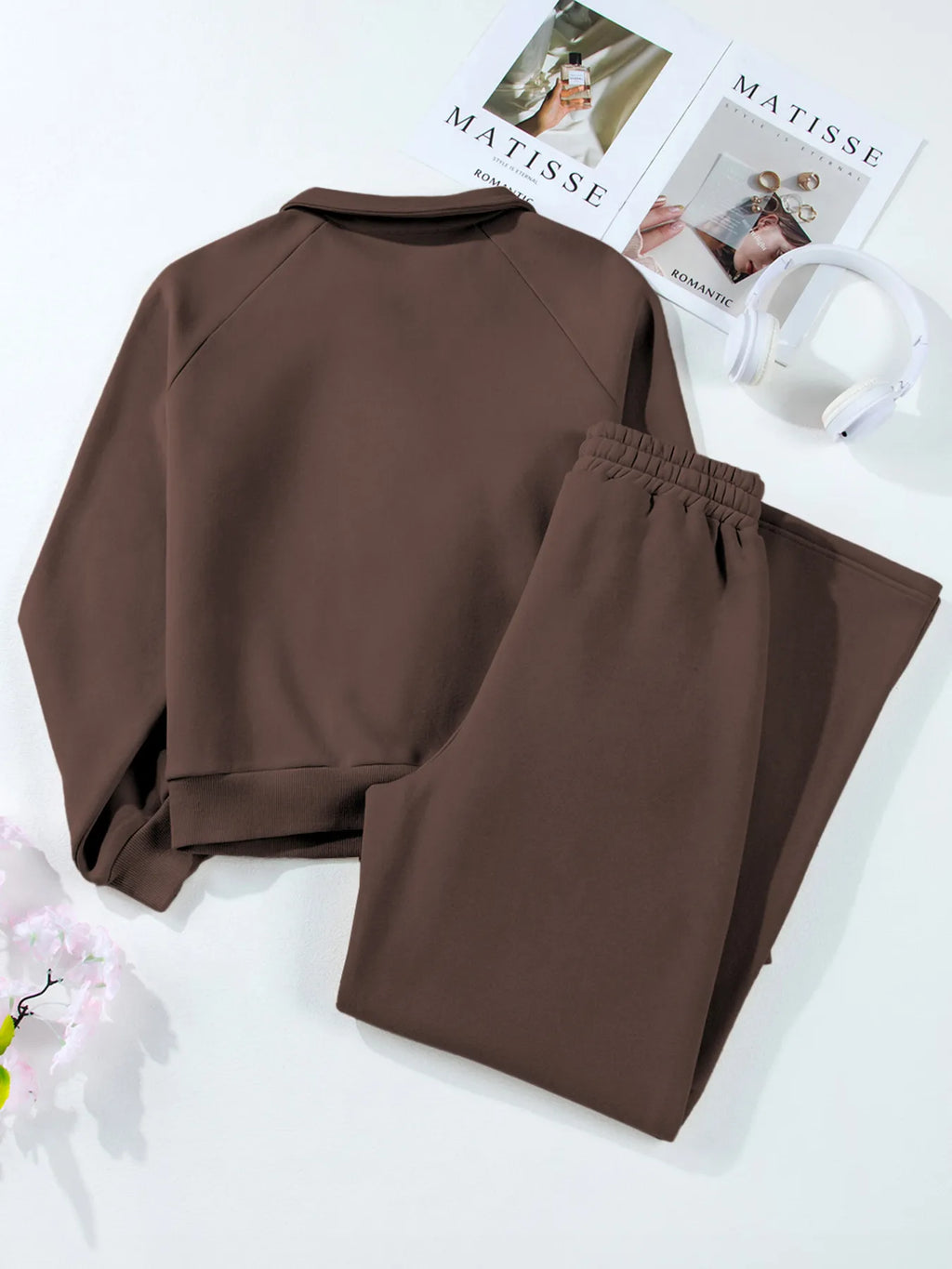 Collared Sweatshirt and High Waist Pants Active Set - Girly Tea