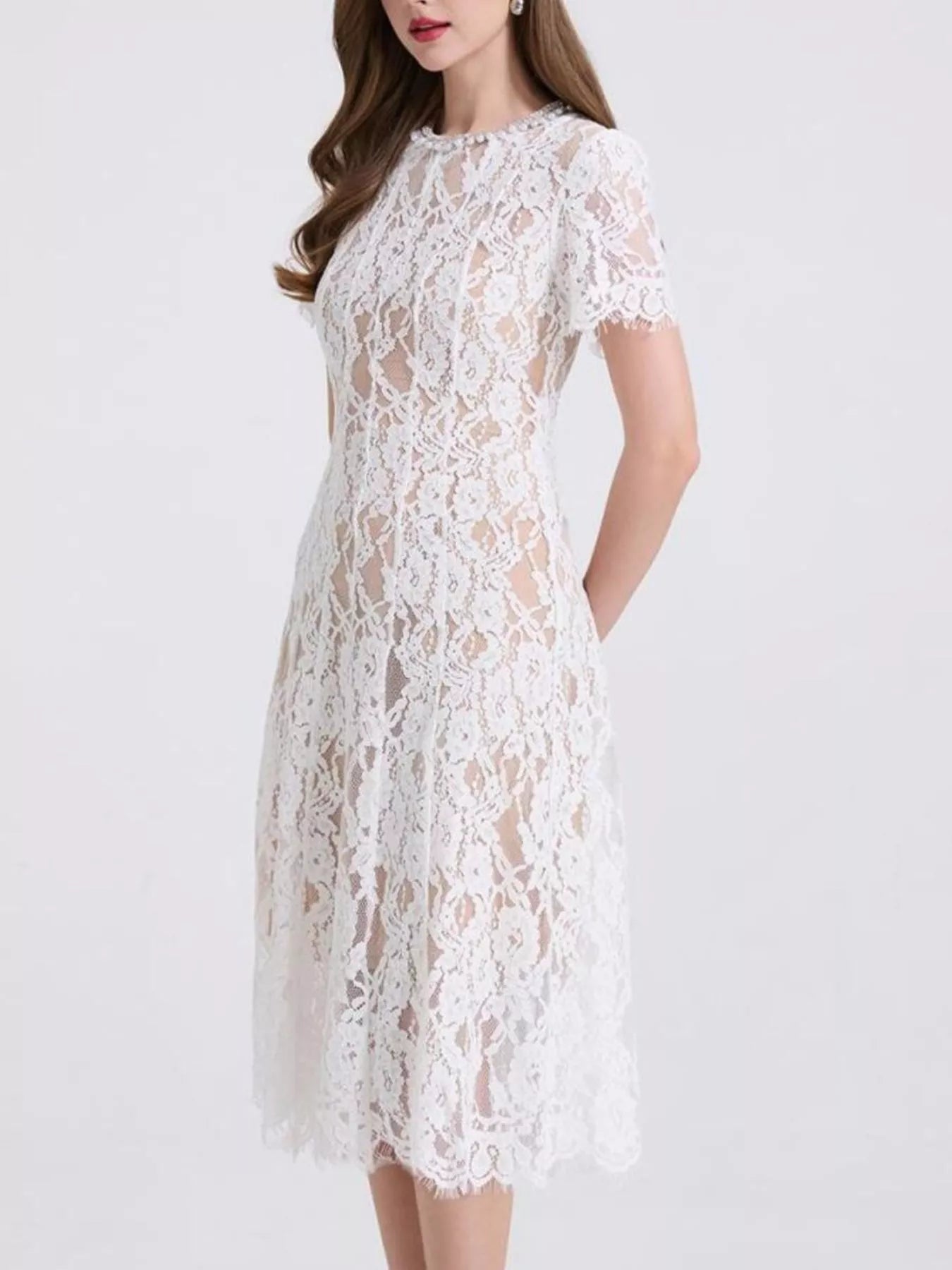 Lace Pearl Neckline Midi Dress - Girly Tea