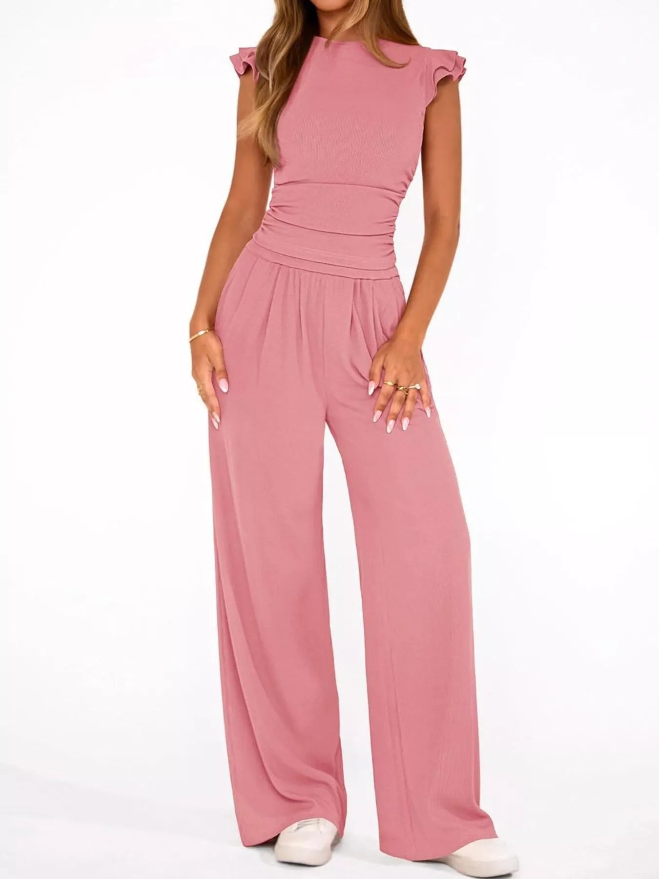 Ruffled Mock Neck Top and Wide Leg Pants Set - Girly Tea