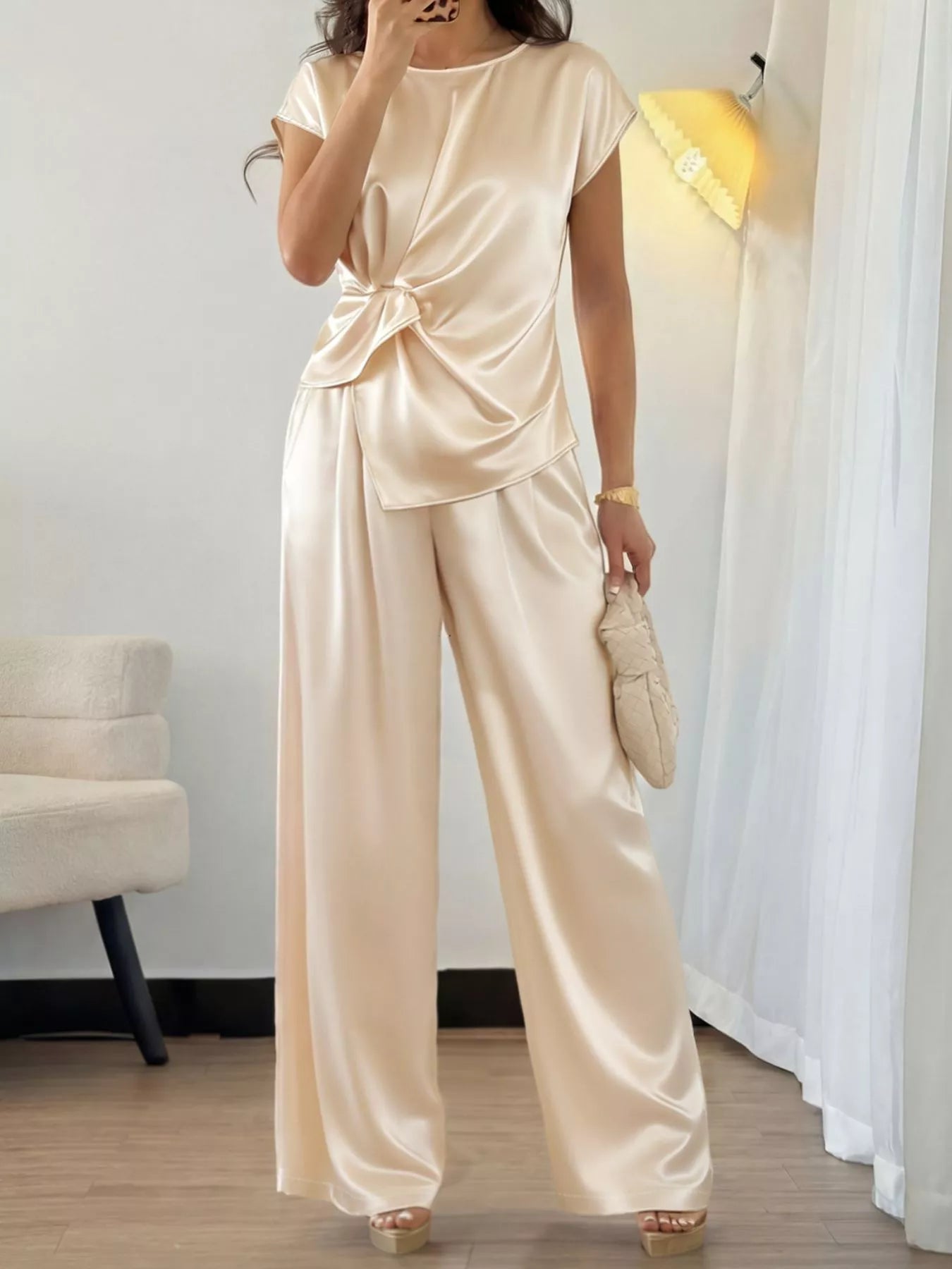 Satin Twist-Front Top and Wide-Leg Pants Set - Girly Tea