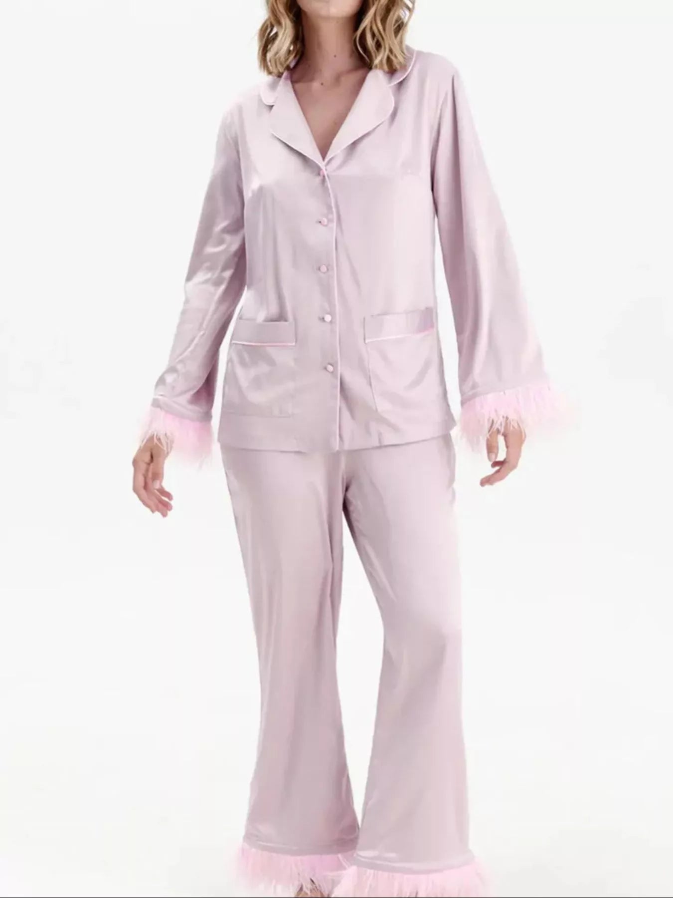 Silky Button Up Top and Pants Lounge Set - Girly Tea