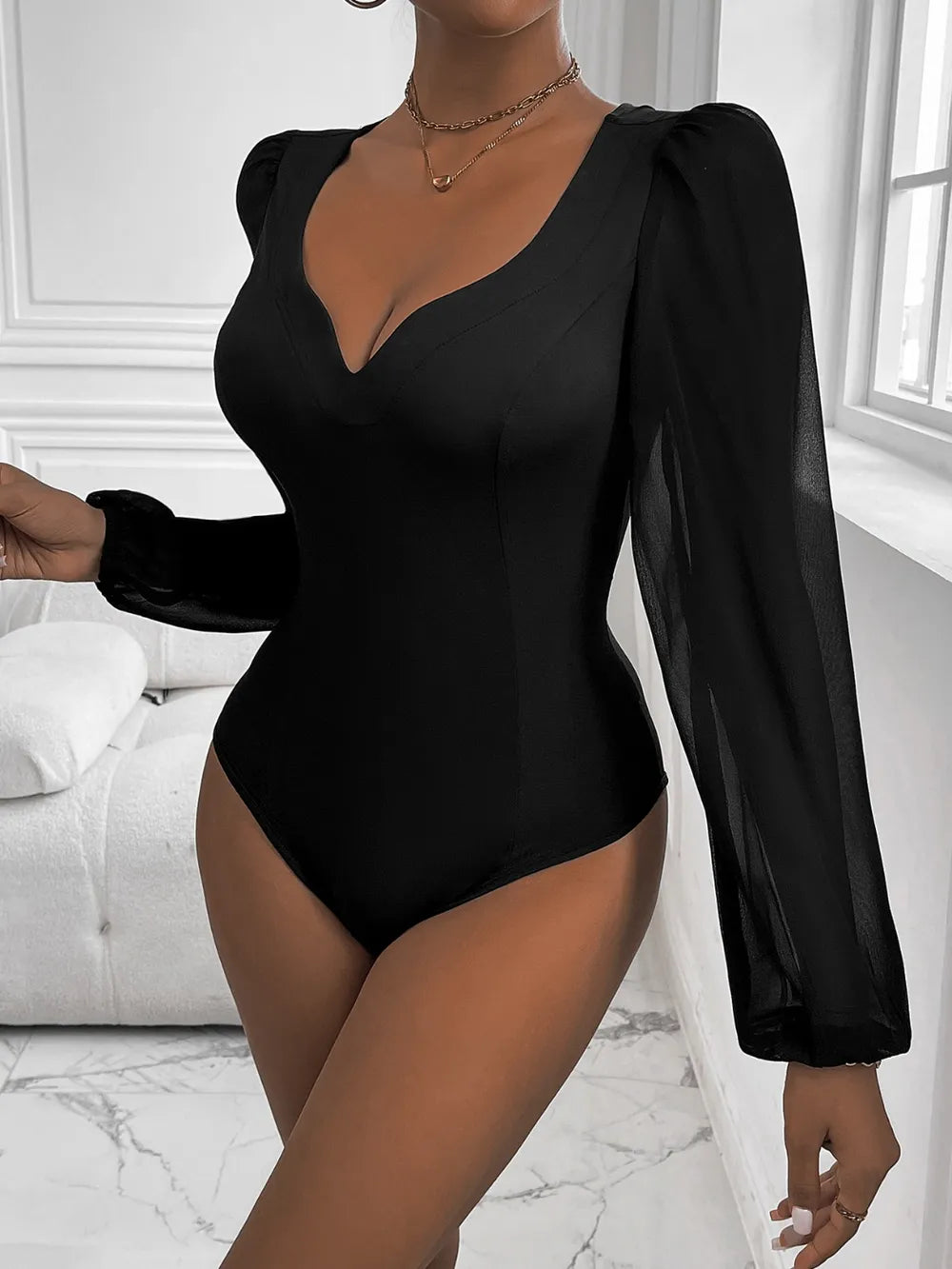 Perfee Sweetheart Neck Long Sleeve Bodysuit - Girly Tea