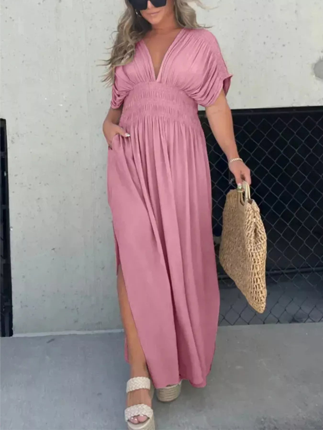 Full Size Slit V-Neck Smocked Waist Maxi Dress Plus Size - Girly Tea