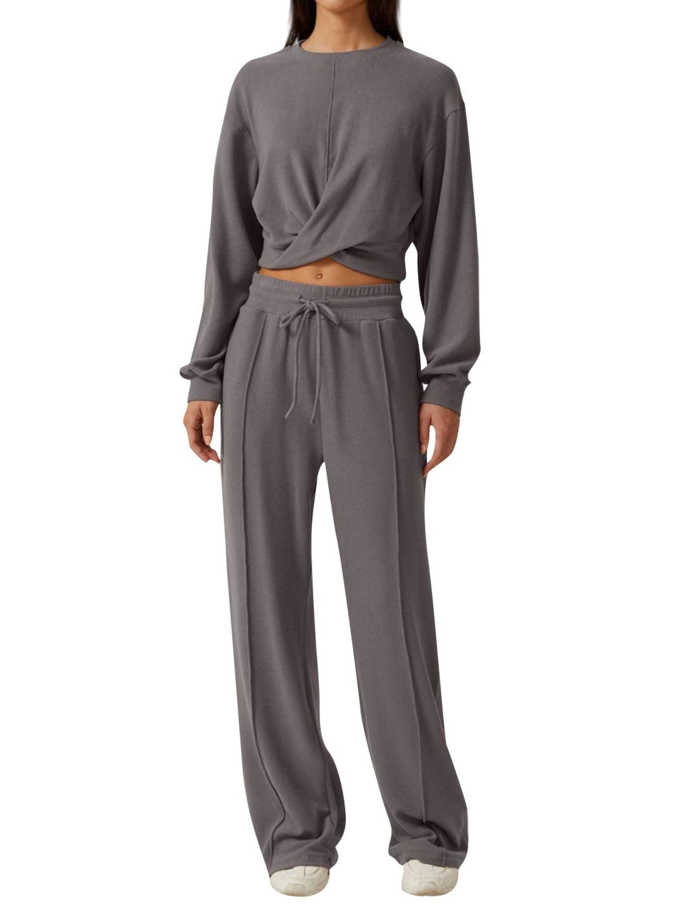 Twist-Front Long Sleeve Top and Pants Set - Girly Tea