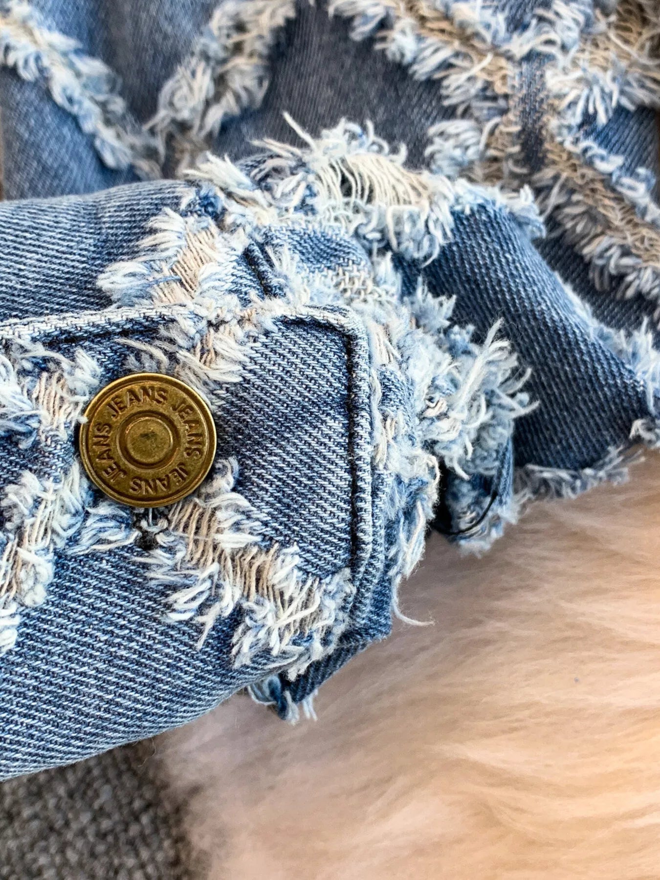 Distressed Diamond Pattern Jacket and Shorts Denim Set - Girly Tea