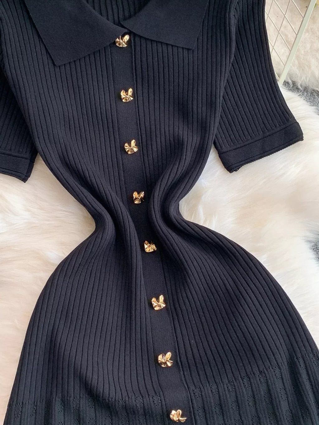 Button Front Ribbed Knit Midi Dress - Girly Tea