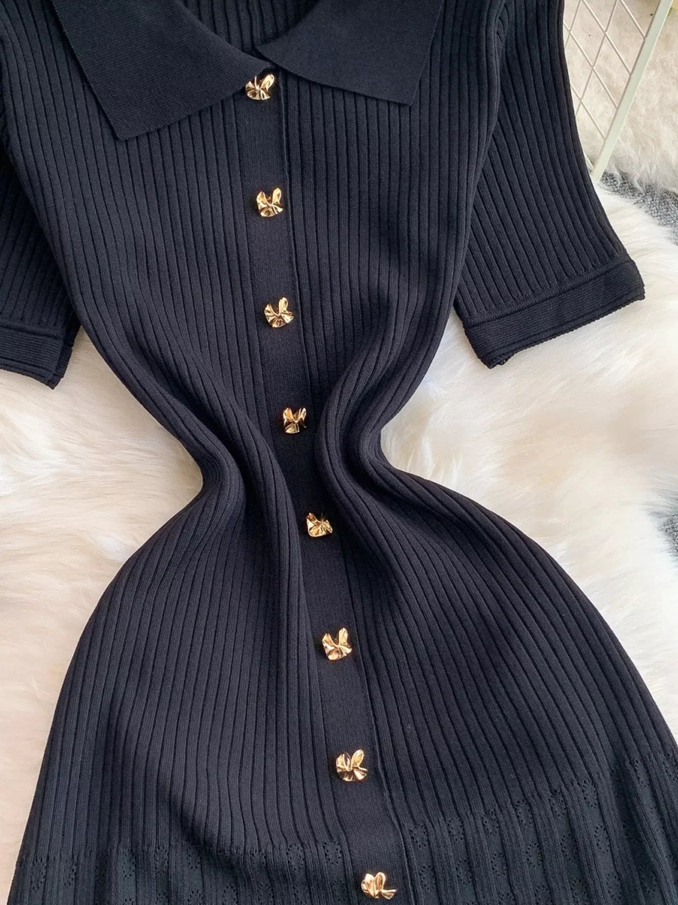 Button Front Ribbed Knit Midi Dress - Girly Tea