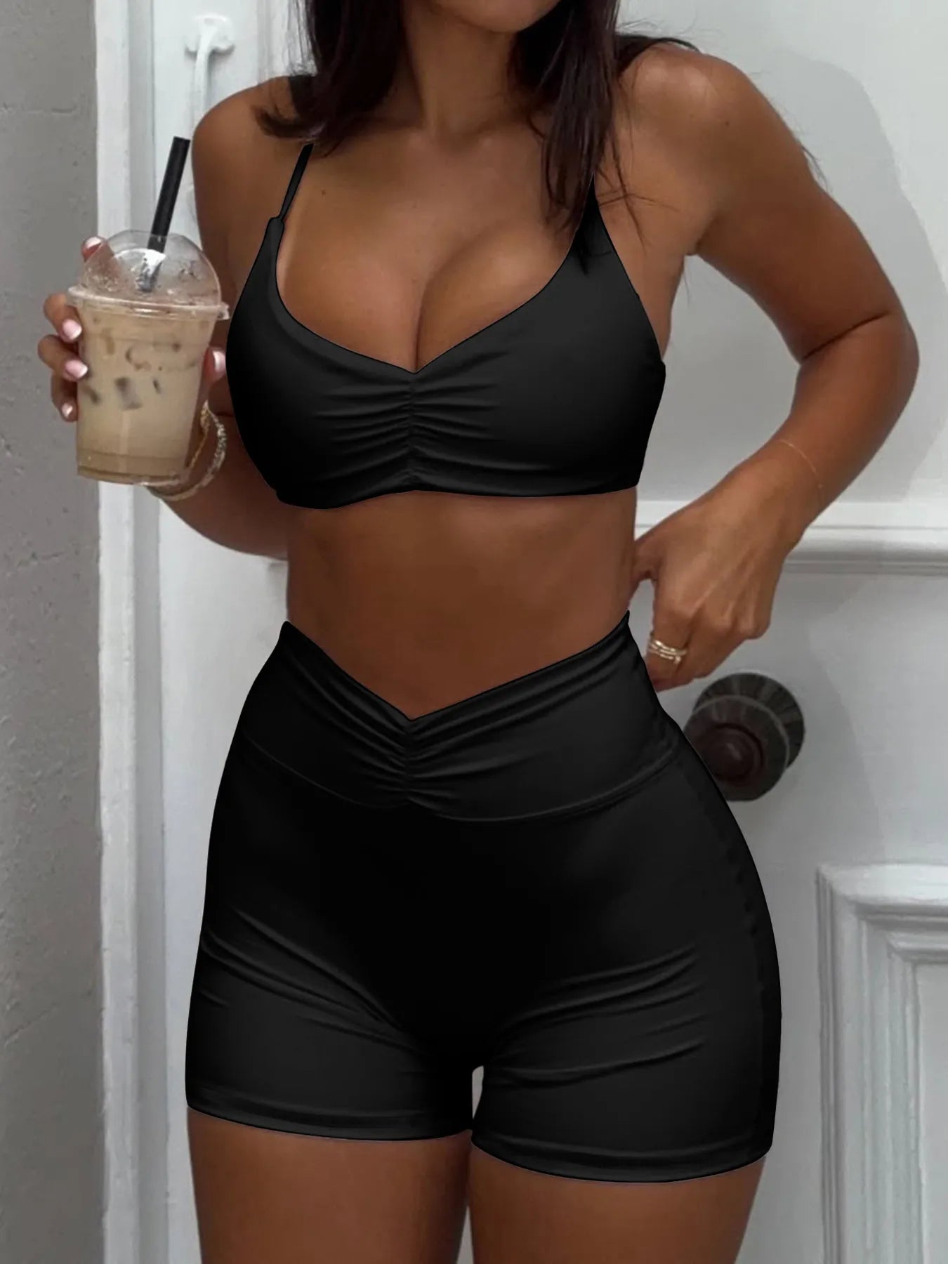 Ruched Sports Bra and High-Waisted Shorts Active Set - Girly Tea