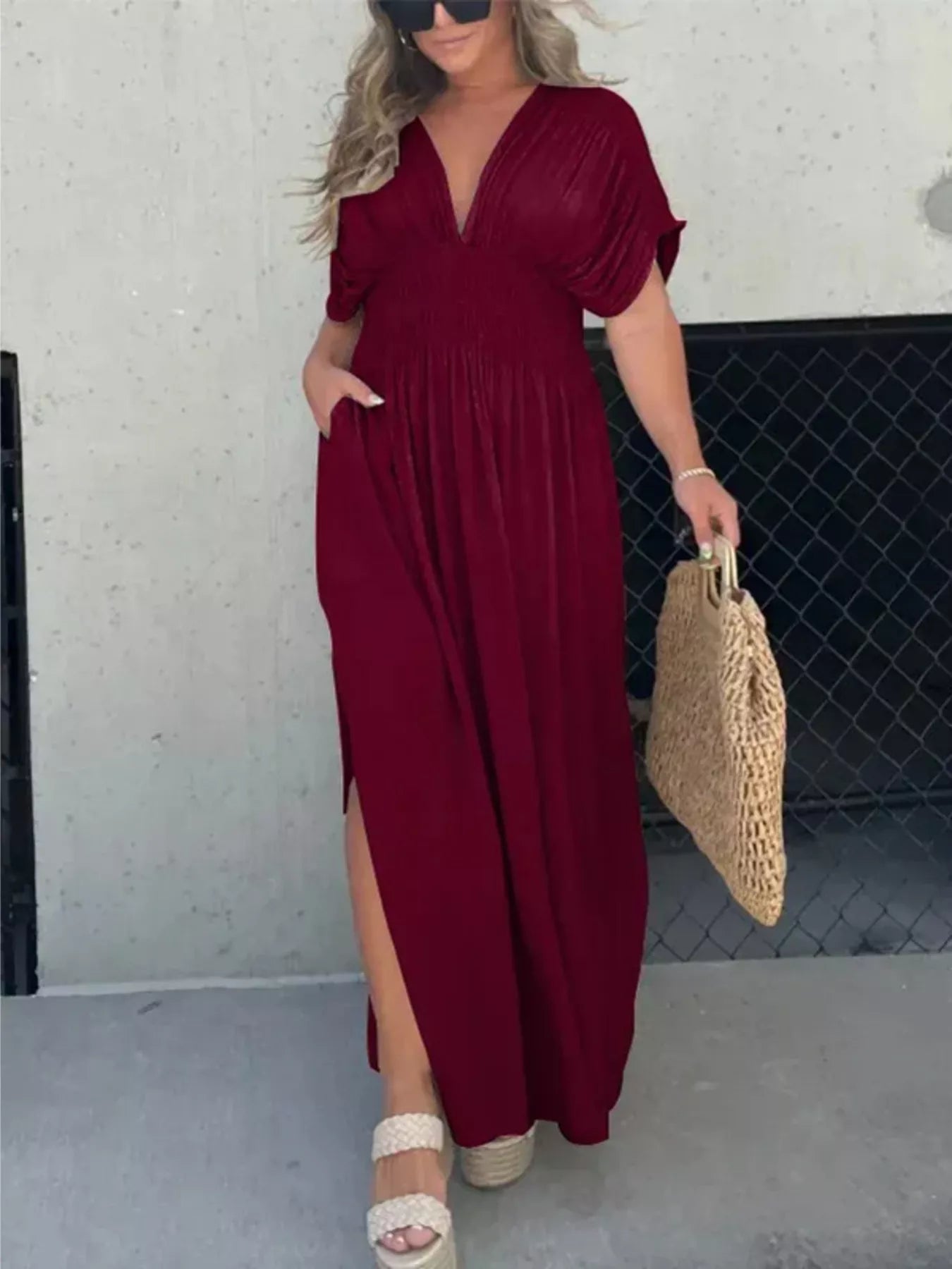 Full Size Slit V-Neck Smocked Waist Maxi Dress Plus Size - Girly Tea