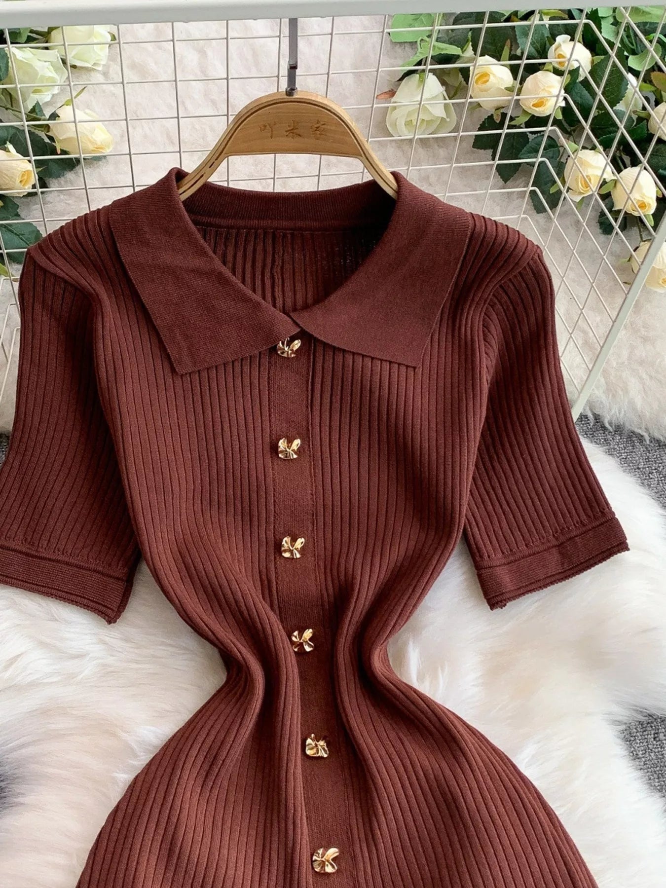 Button Front Ribbed Knit Midi Dress - Girly Tea