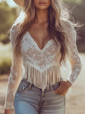 Full Size Fringe Hem Lace Long Sleeve Top Plus Size - Girly Tea