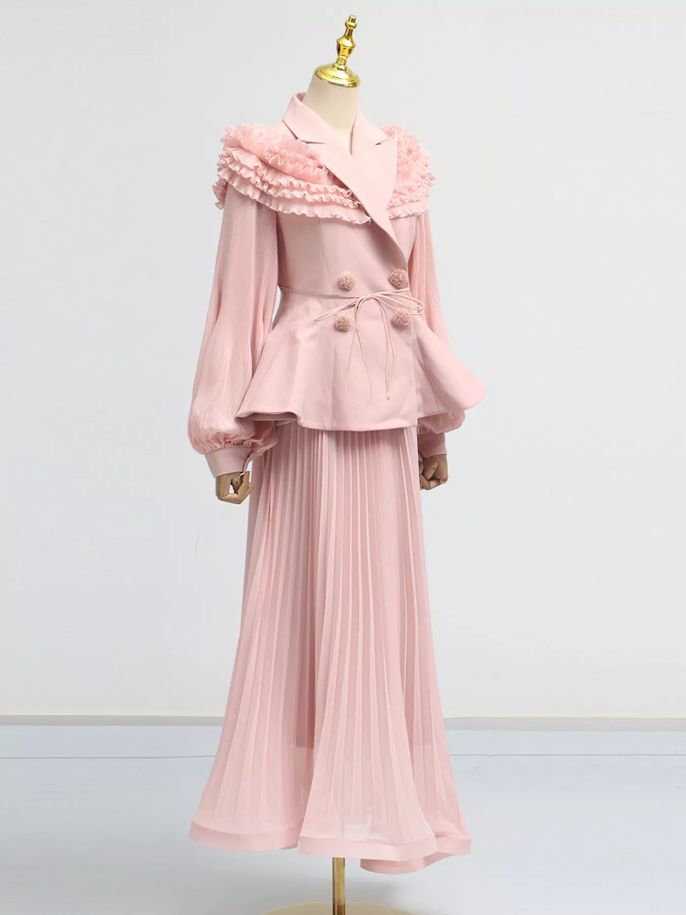 Frill Lapel Collar Top and Pleated Skirt Set - Girly Tea