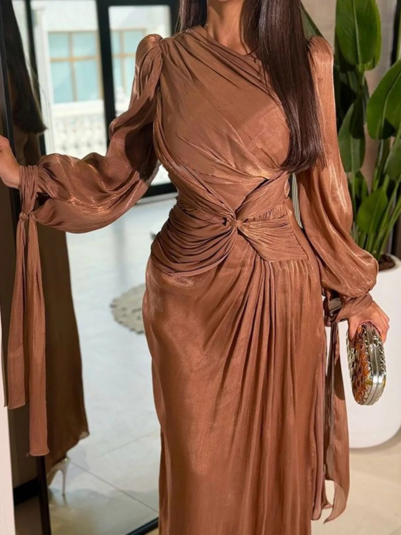 Front Twisted Draped Long Sleeve Maxi Dress - Girly Tea