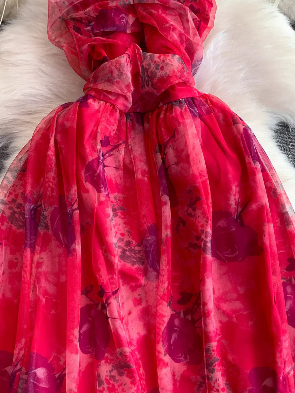 Floral Print Ruffled Layered Mesh Dress - Girly Tea