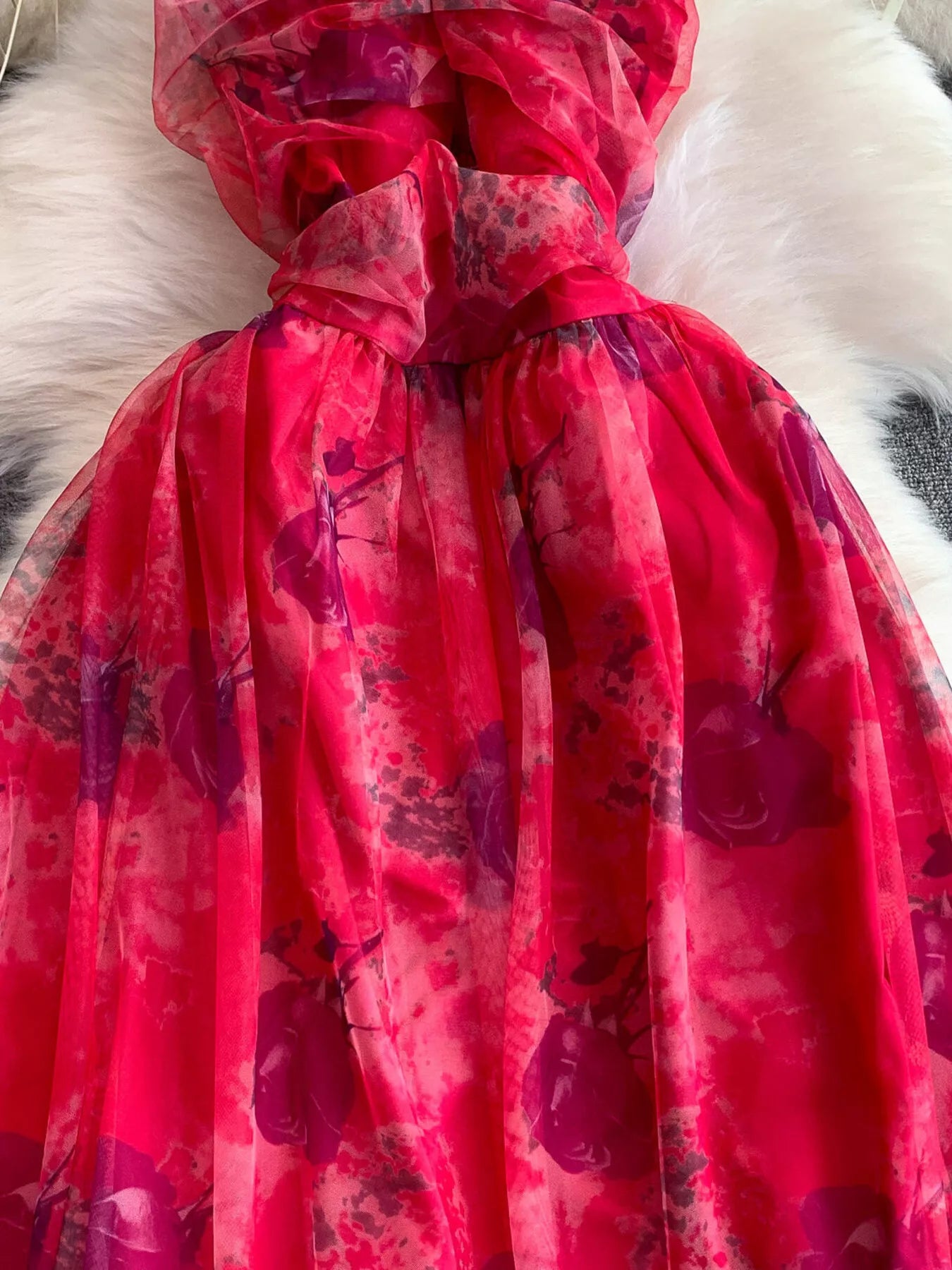 Floral Print Ruffled Layered Mesh Dress - Girly Tea