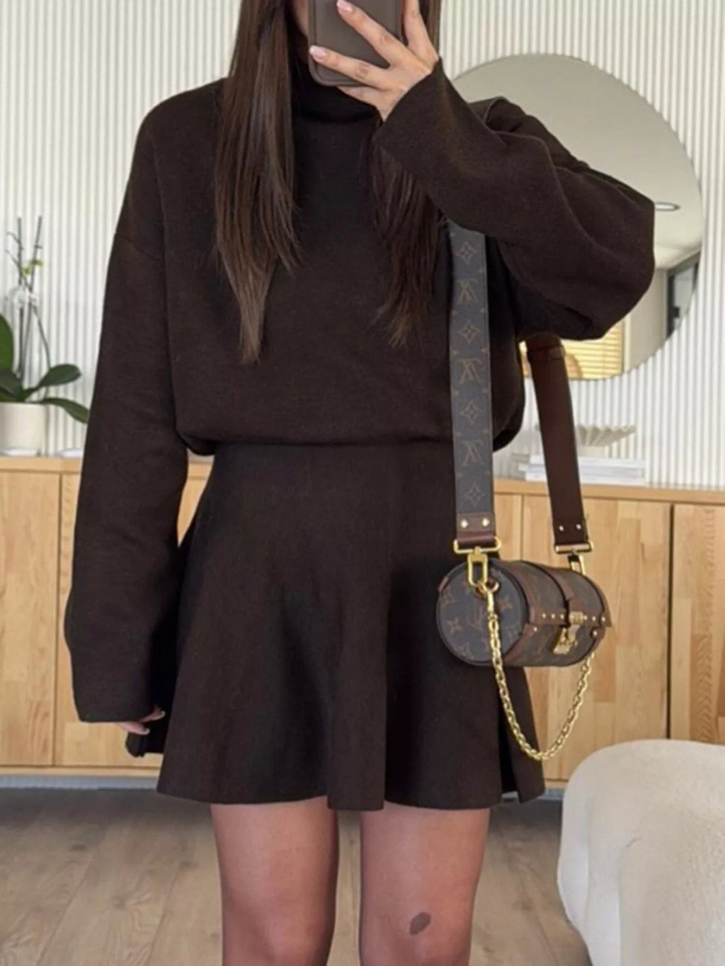 Turtleneck Dropped Shoulder Sweater and Skirt Set - Girly Tea
