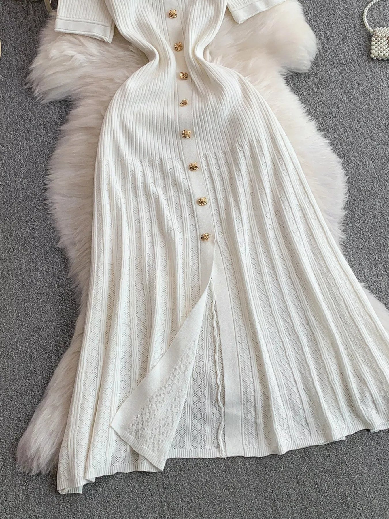 Button Front Ribbed Knit Midi Dress - Girly Tea
