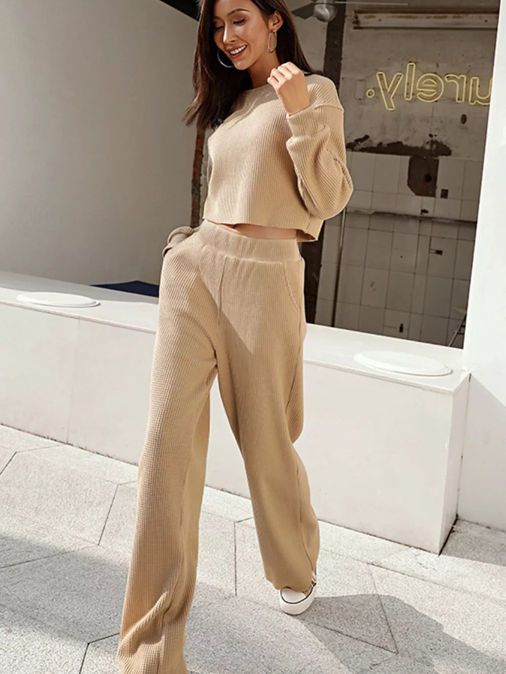 Waffle-Knit Round Neck Top and Pants Set - Girly Tea