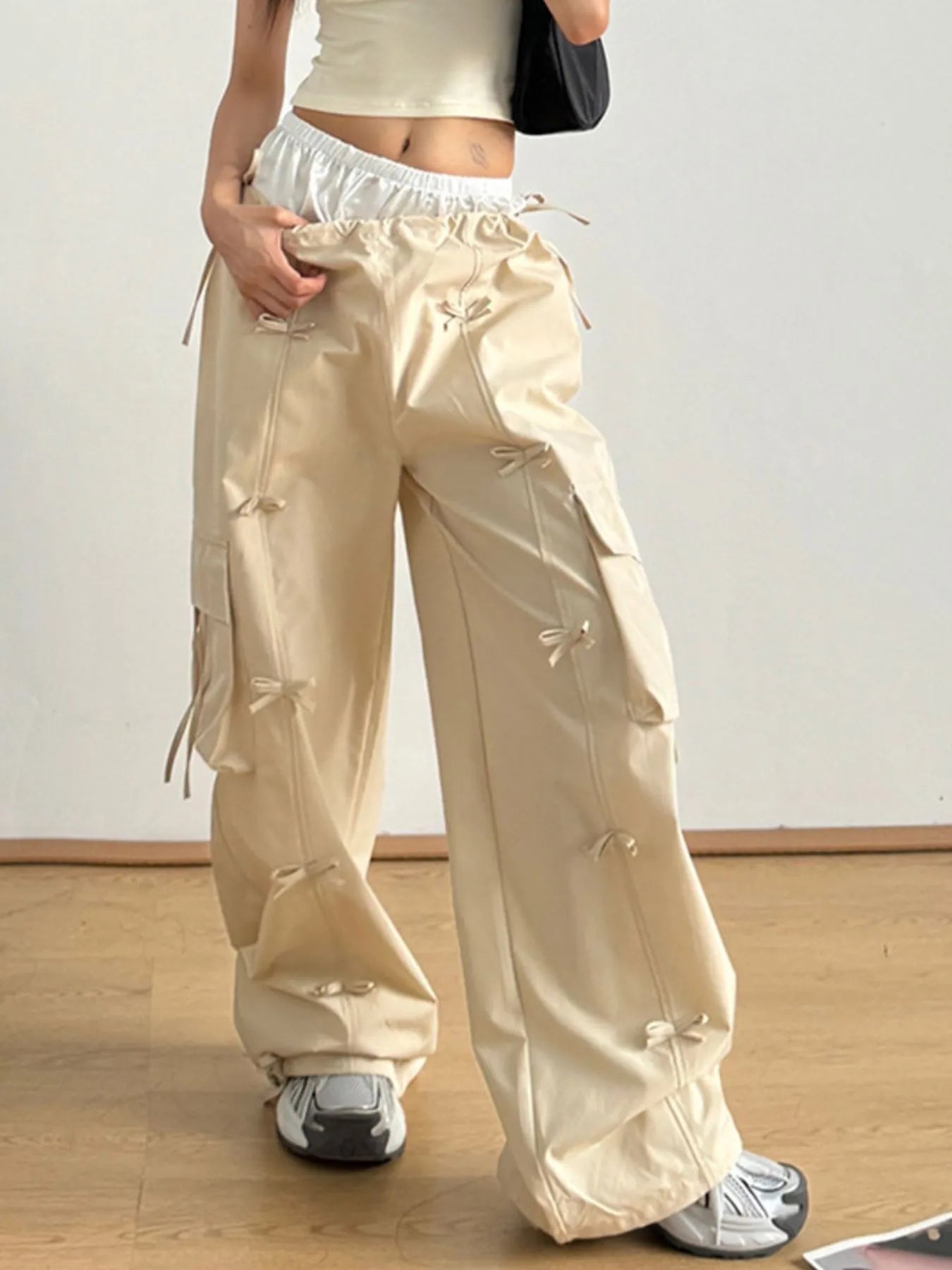 Bow Elastic Waist Cargo Pants - Girly Tea