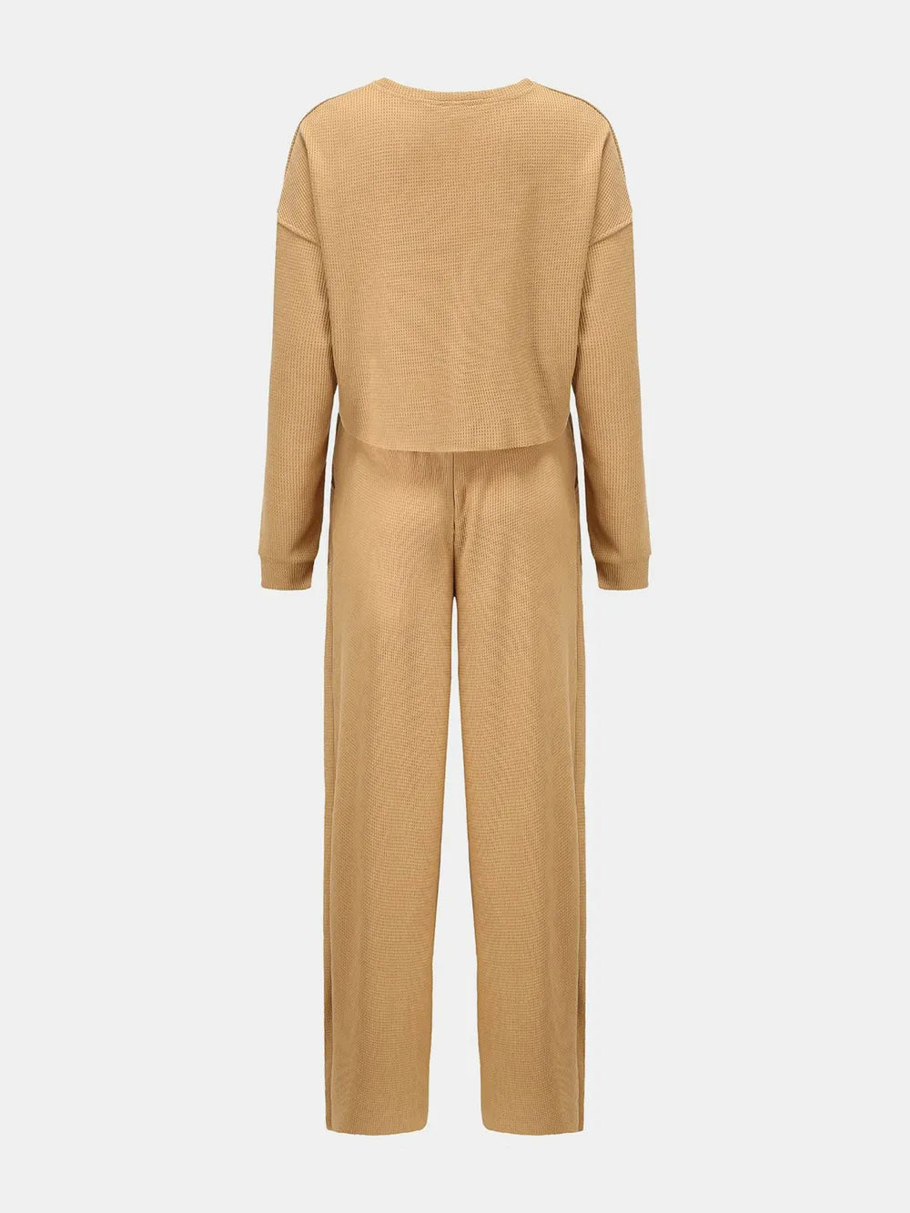 Waffle-Knit Round Neck Top and Pants Set - Girly Tea