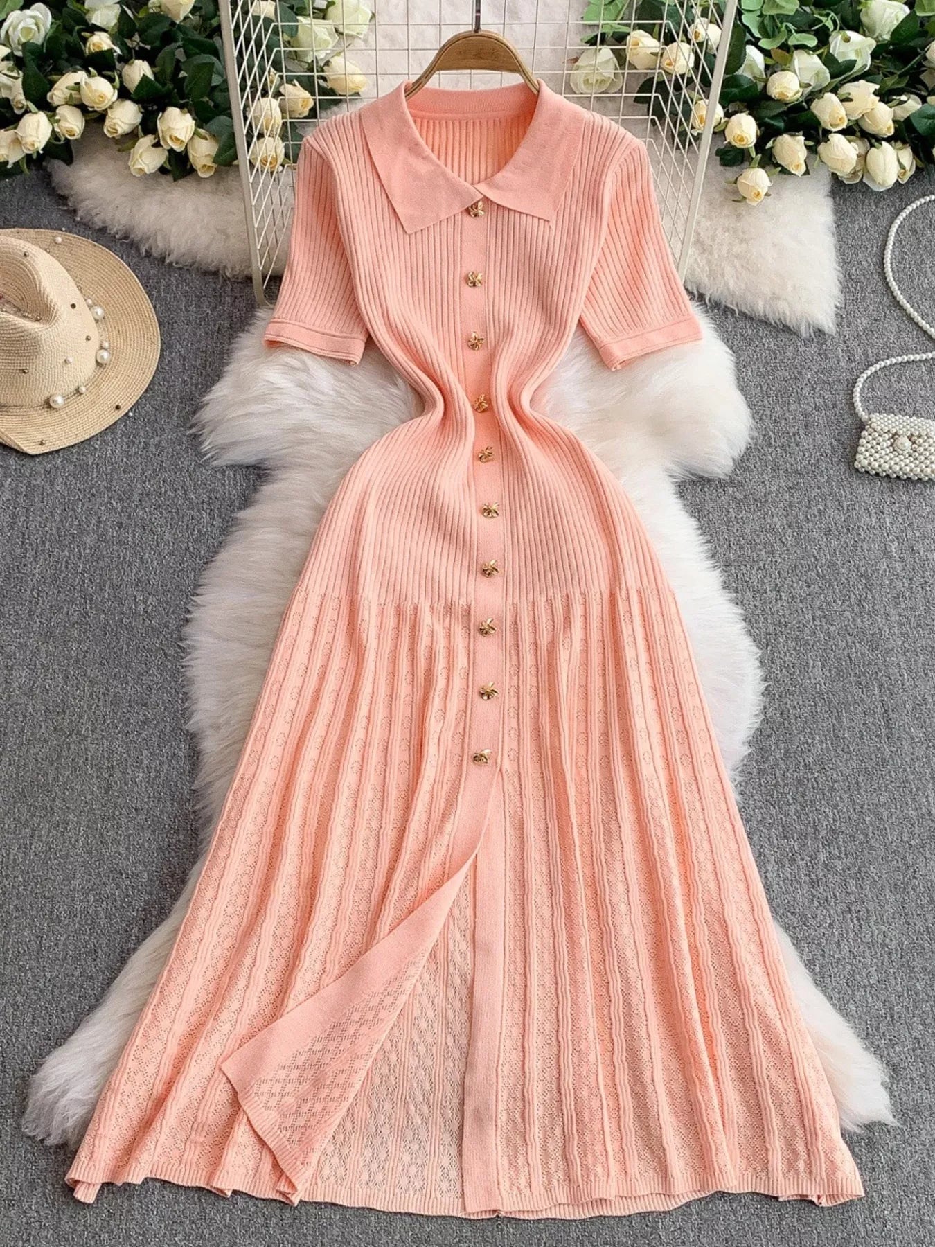Button Front Ribbed Knit Midi Dress - Girly Tea