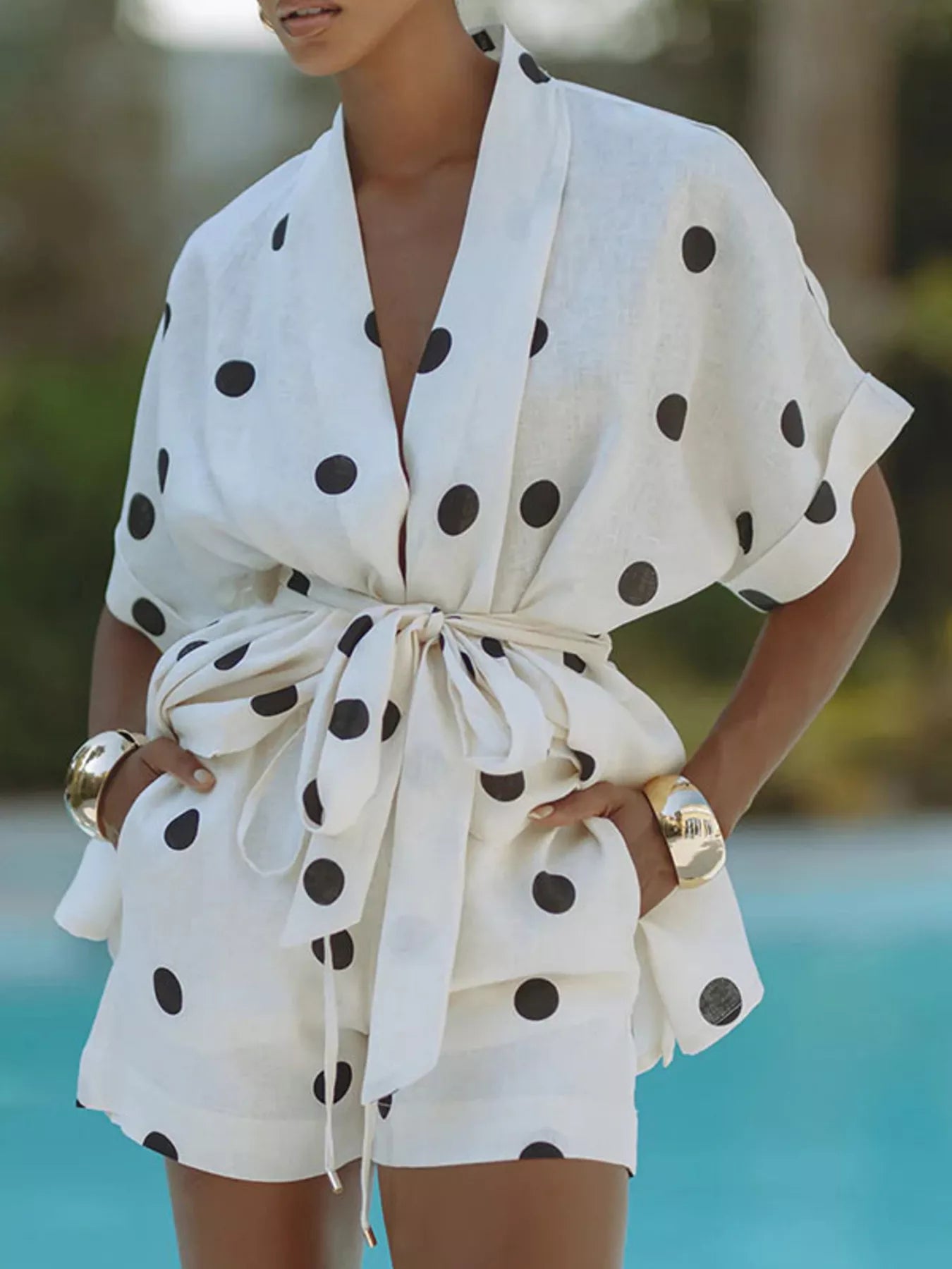 Polka Dot Tie Waist Top and Shorts Set - Girly Tea