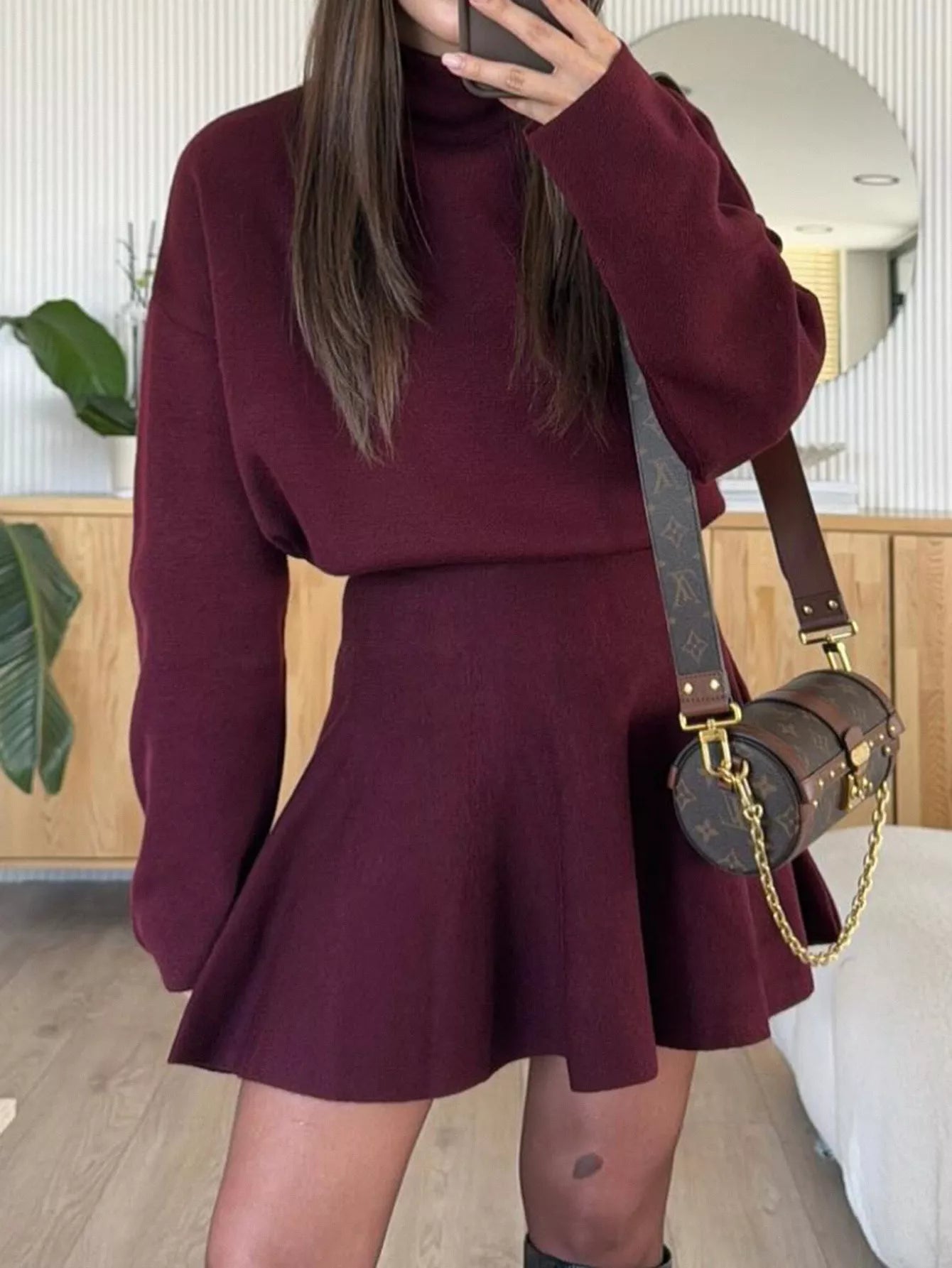 Turtleneck Dropped Shoulder Sweater and Skirt Set - Girly Tea
